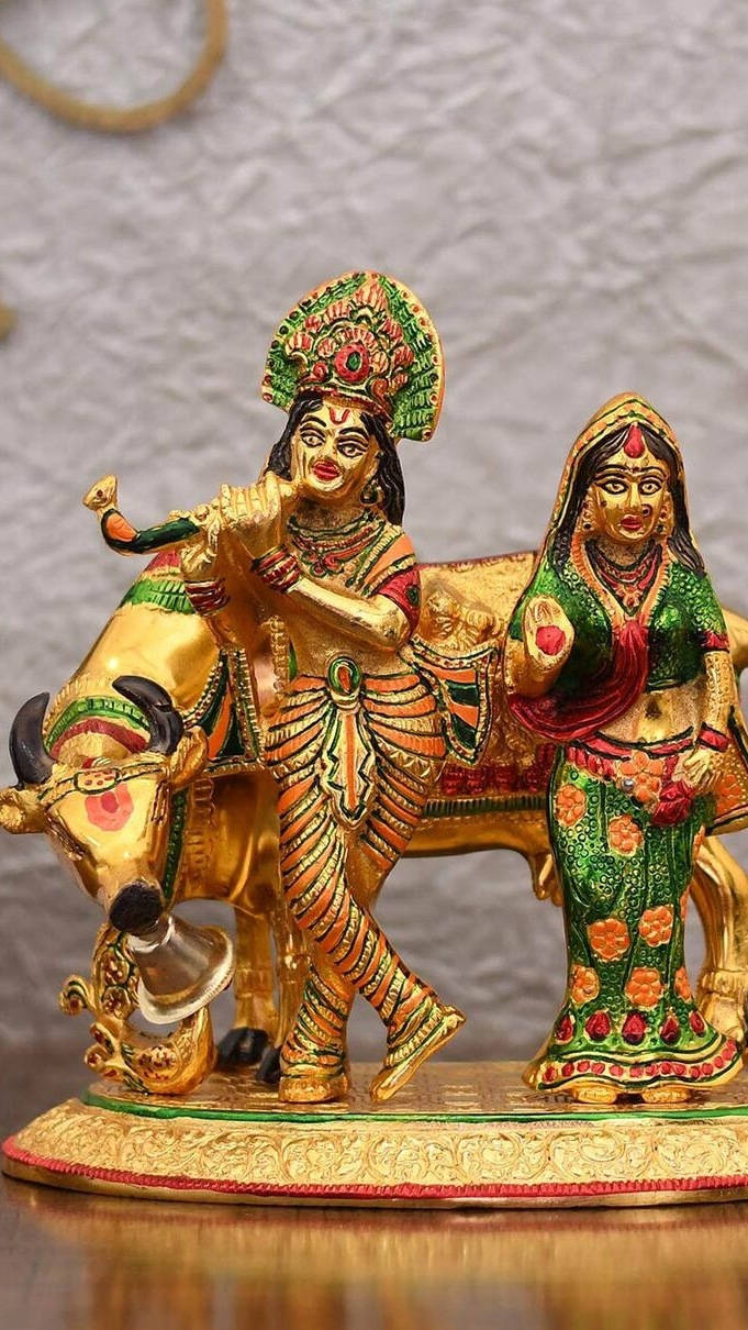 Radha Krishna, gold figurine, flute, SD Phone Wallpaper