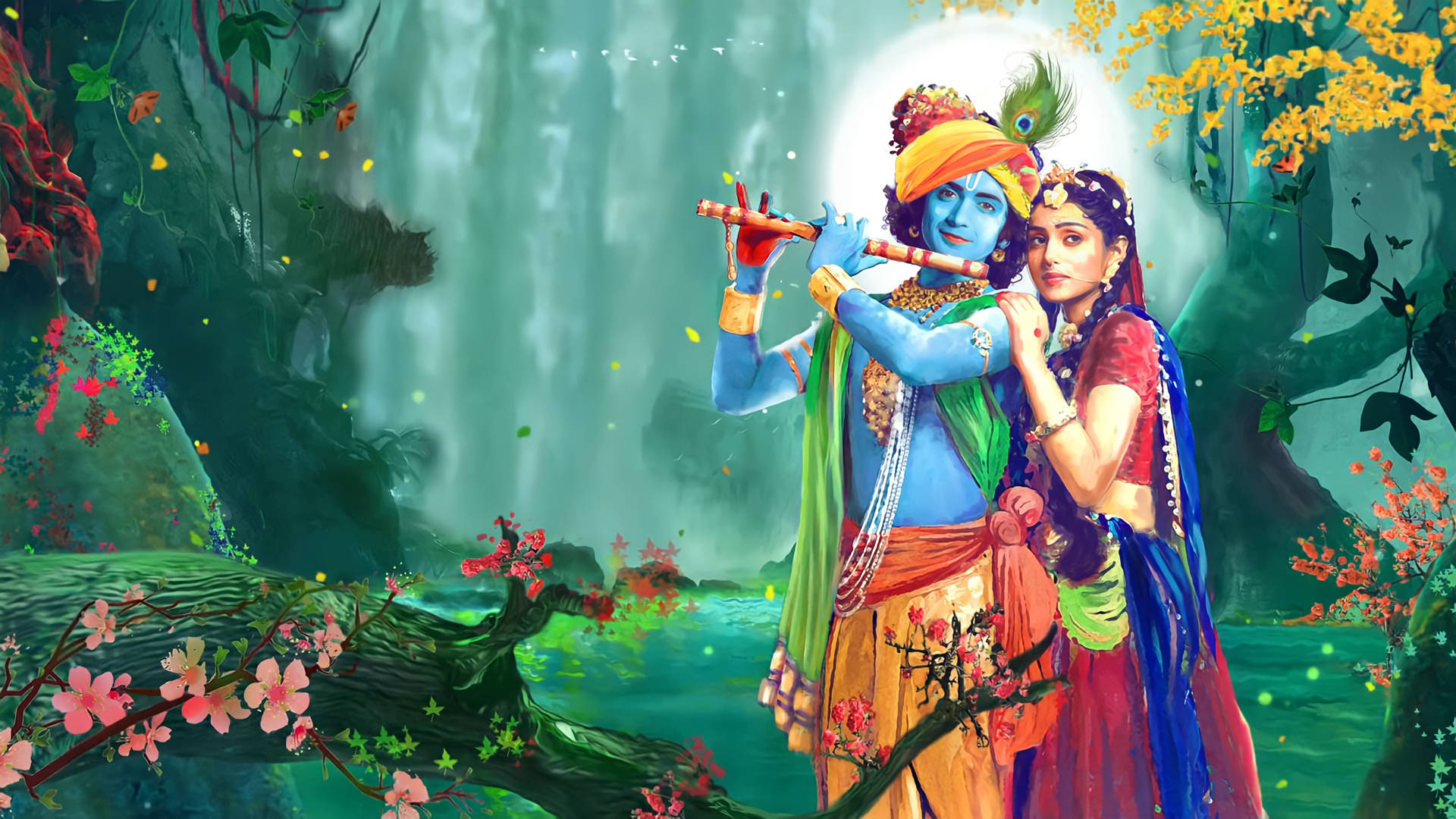 Radha Krishna, 3D Enchanted Forest, blue-skinned deity, Full HD Desktop Wallpaper