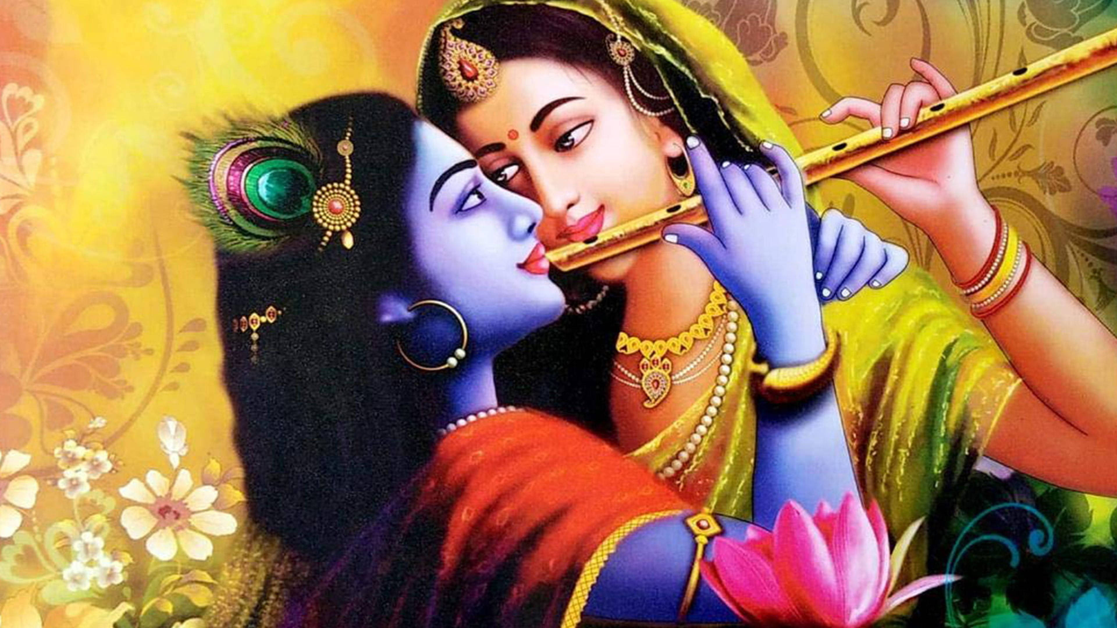 Radha Krishna, flute, blue-skinned deity, 4K Desktop Wallpaper