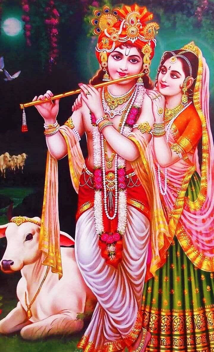 Radha Krishna, red pink art, vibrant traditional attire, SD Phone Wallpaper