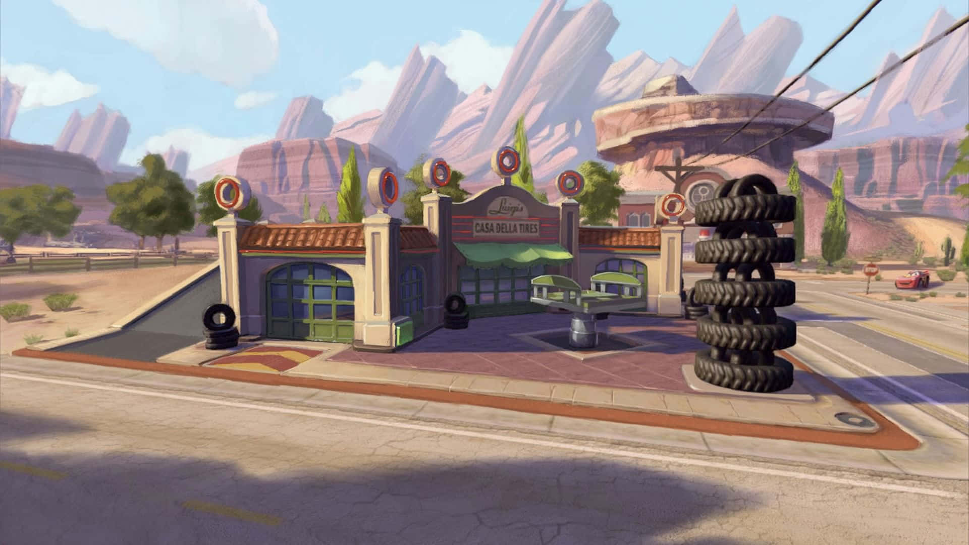 Radiator Springs, tire shop, stacked tires, Full HD Desktop Wallpaper
