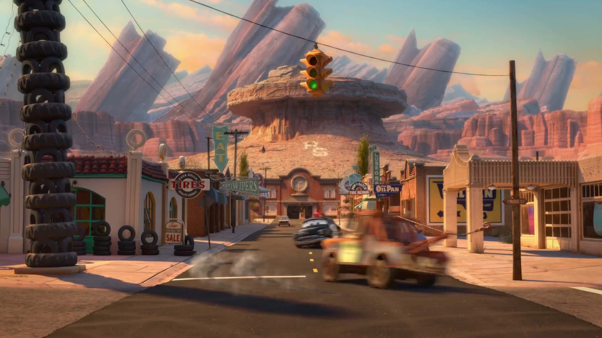 Radiator Springs, rusty car, tire stacks, Full HD Desktop Wallpaper