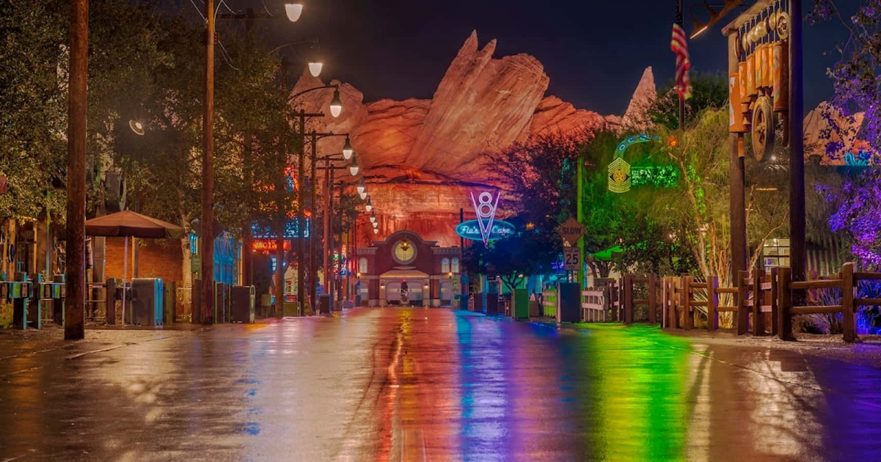 Radiator Springs, neon-lit, wet pavement, HD Desktop Wallpaper