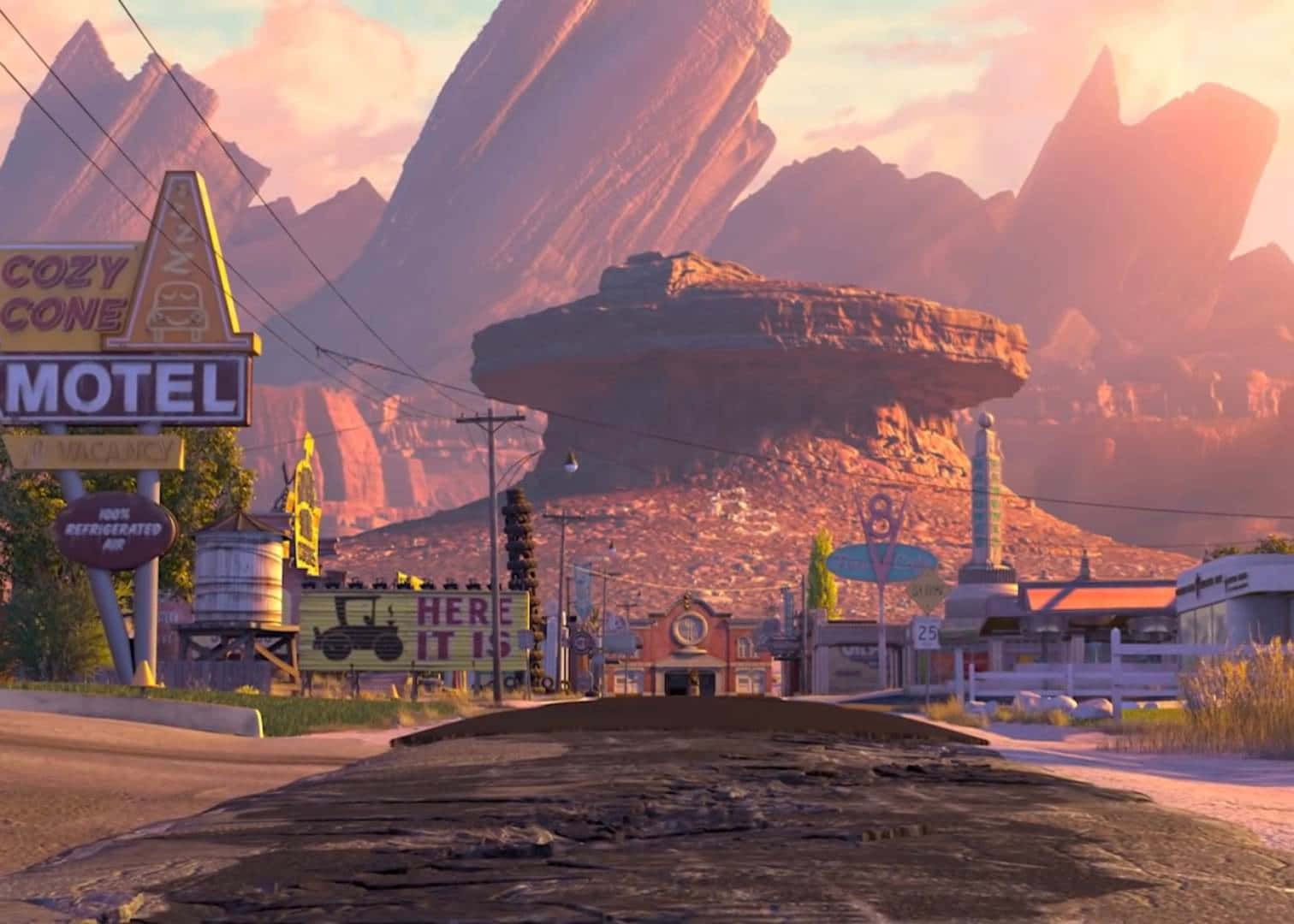 Radiator Springs, vintage signs, towering red rock formations, HD Desktop Wallpaper