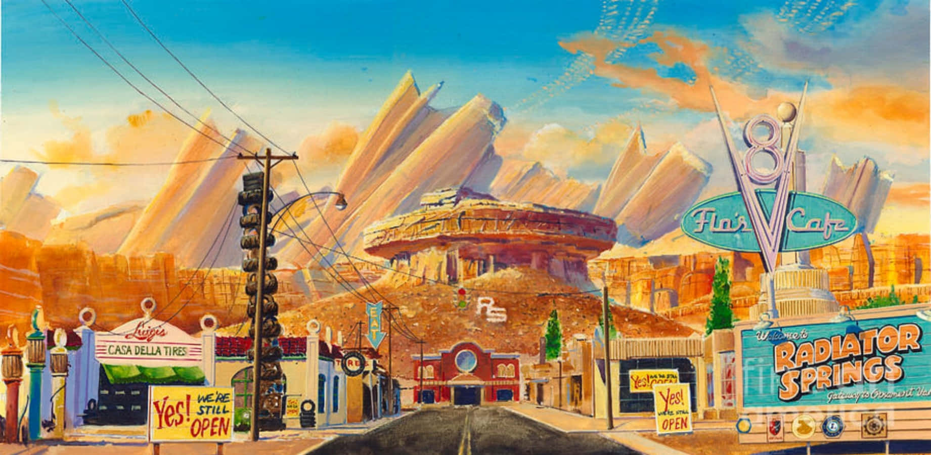 Radiator Springs, neon signs, towering rock formations, HD Desktop Wallpaper