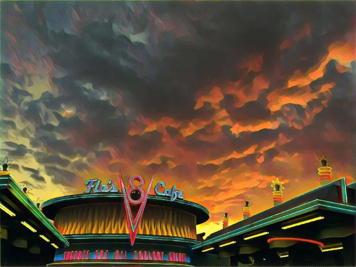 Radiator Springs, neon signage, fiery sunset sky, SD Desktop Wallpaper