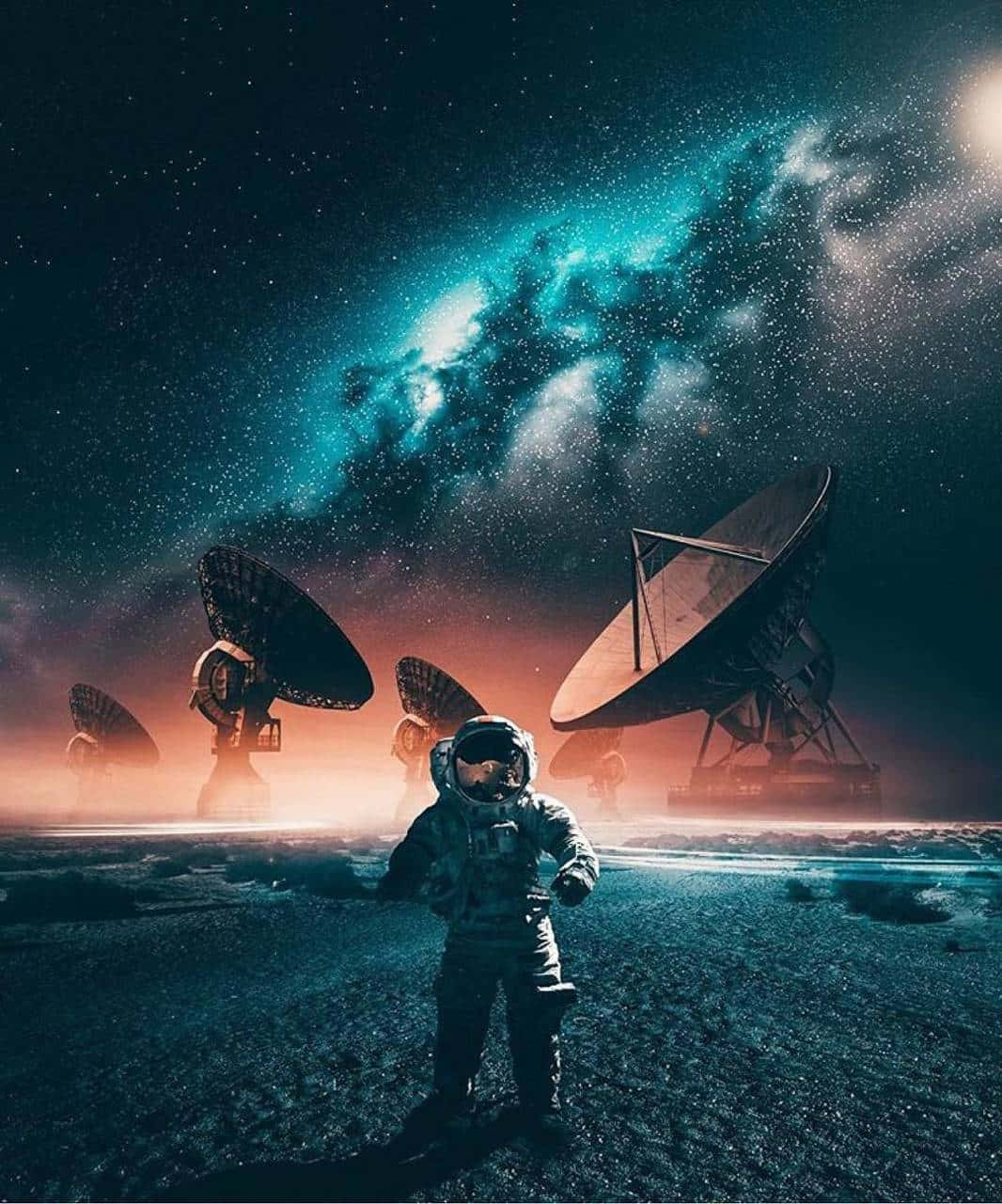 Radio Telescope, teal nebula, alien planet, HD Phone Wallpaper