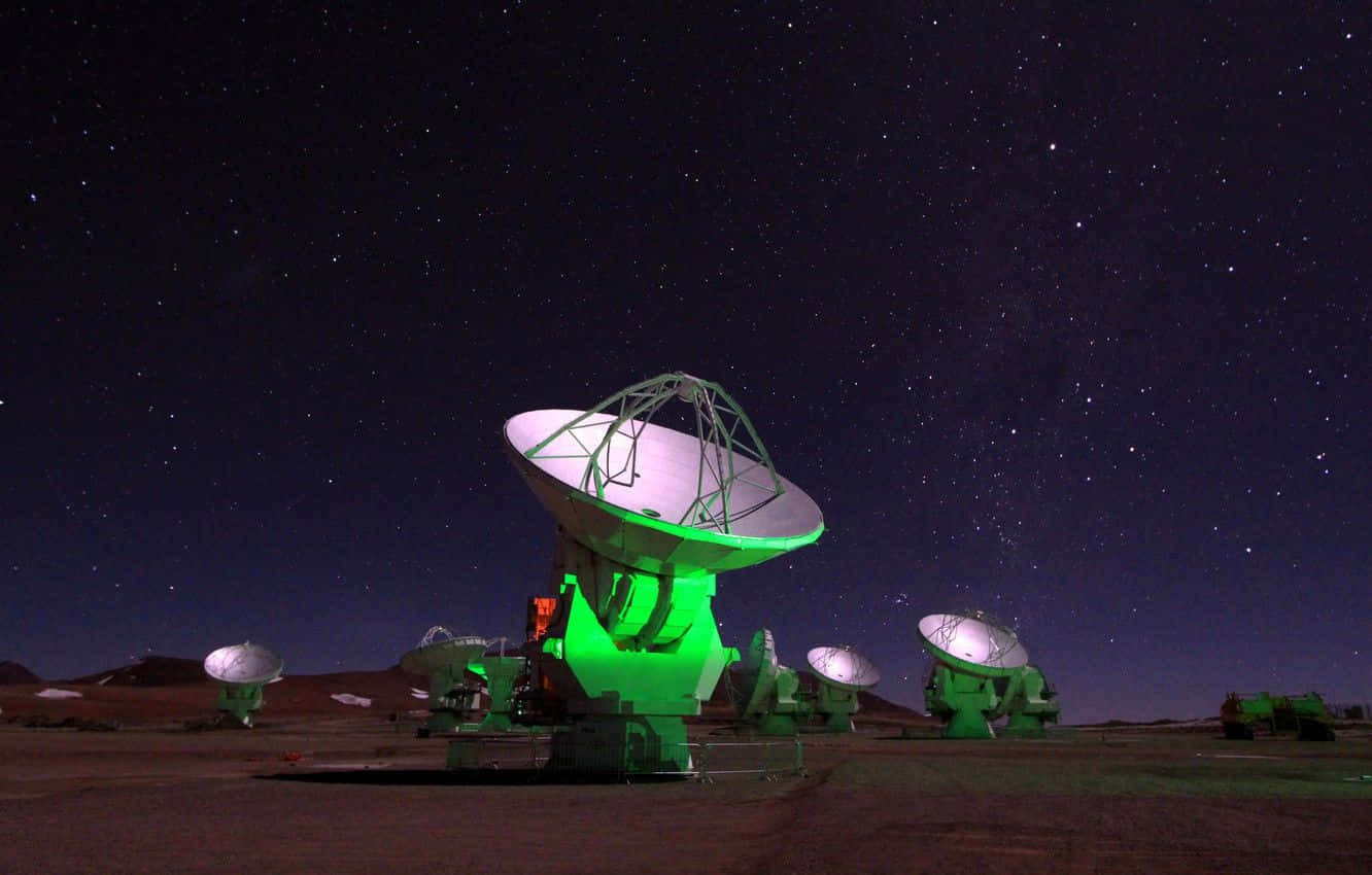 Radio Telescope, green-lit, starry desert night sky, HD Desktop Wallpaper