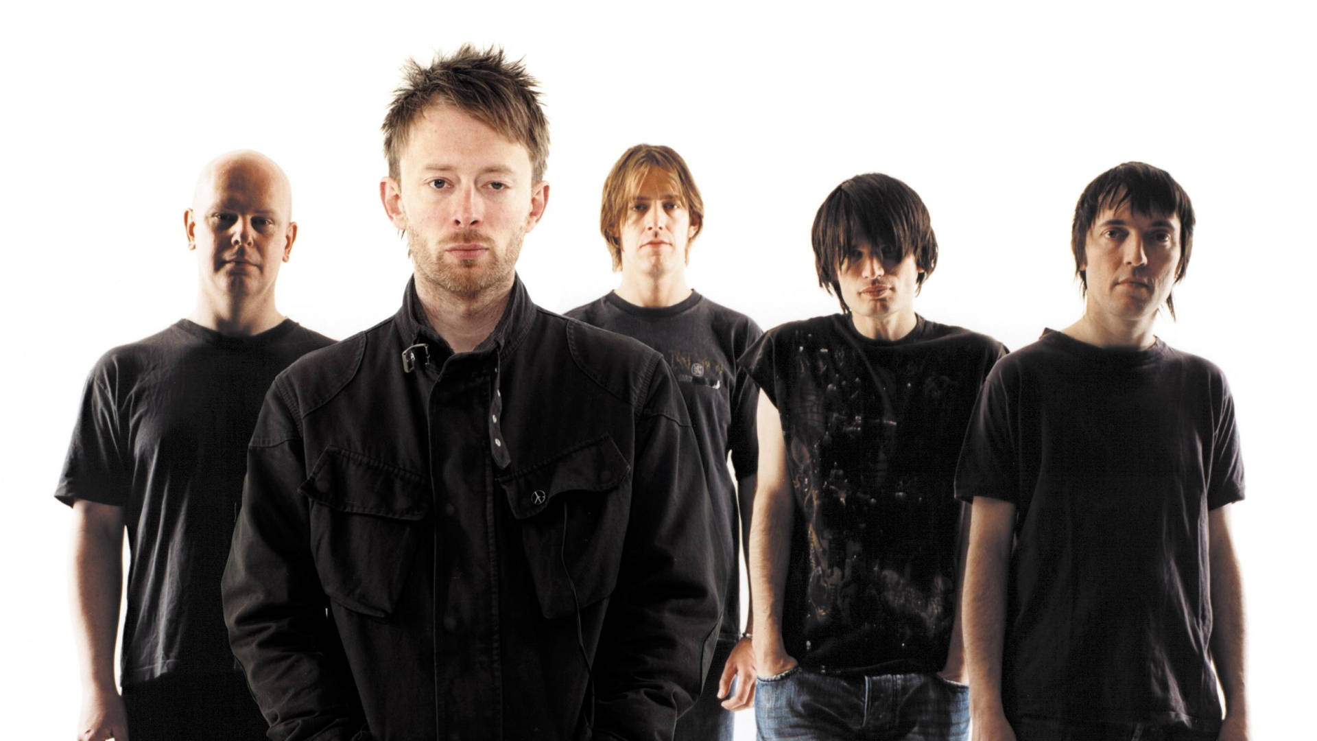Radiohead, rock band, black clothing, Full HD Desktop Wallpaper