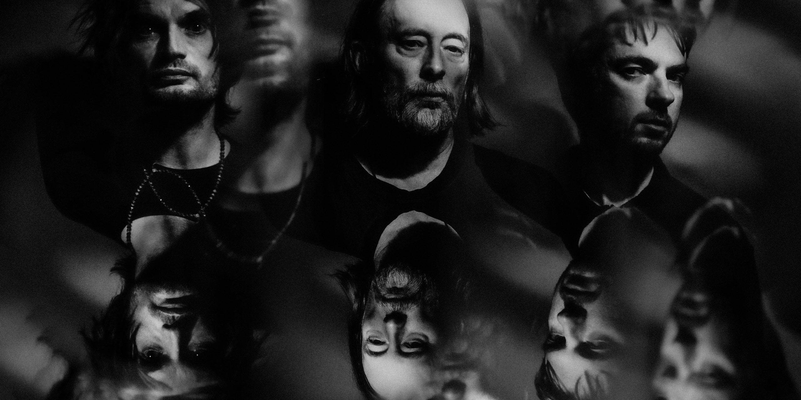 Radiohead, black and white, collage, 2K Desktop Wallpaper