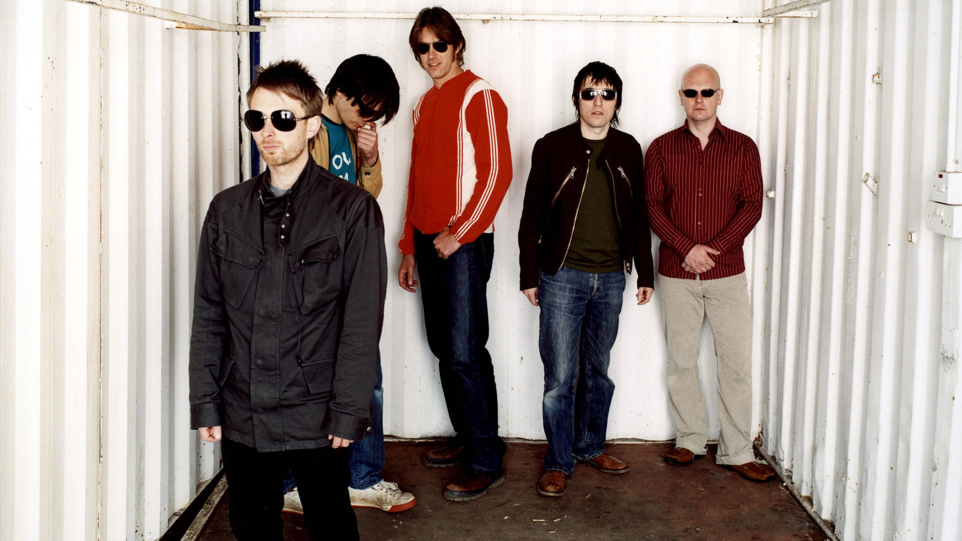 Radiohead, white shipping container, sunglasses, Full HD Desktop Wallpaper