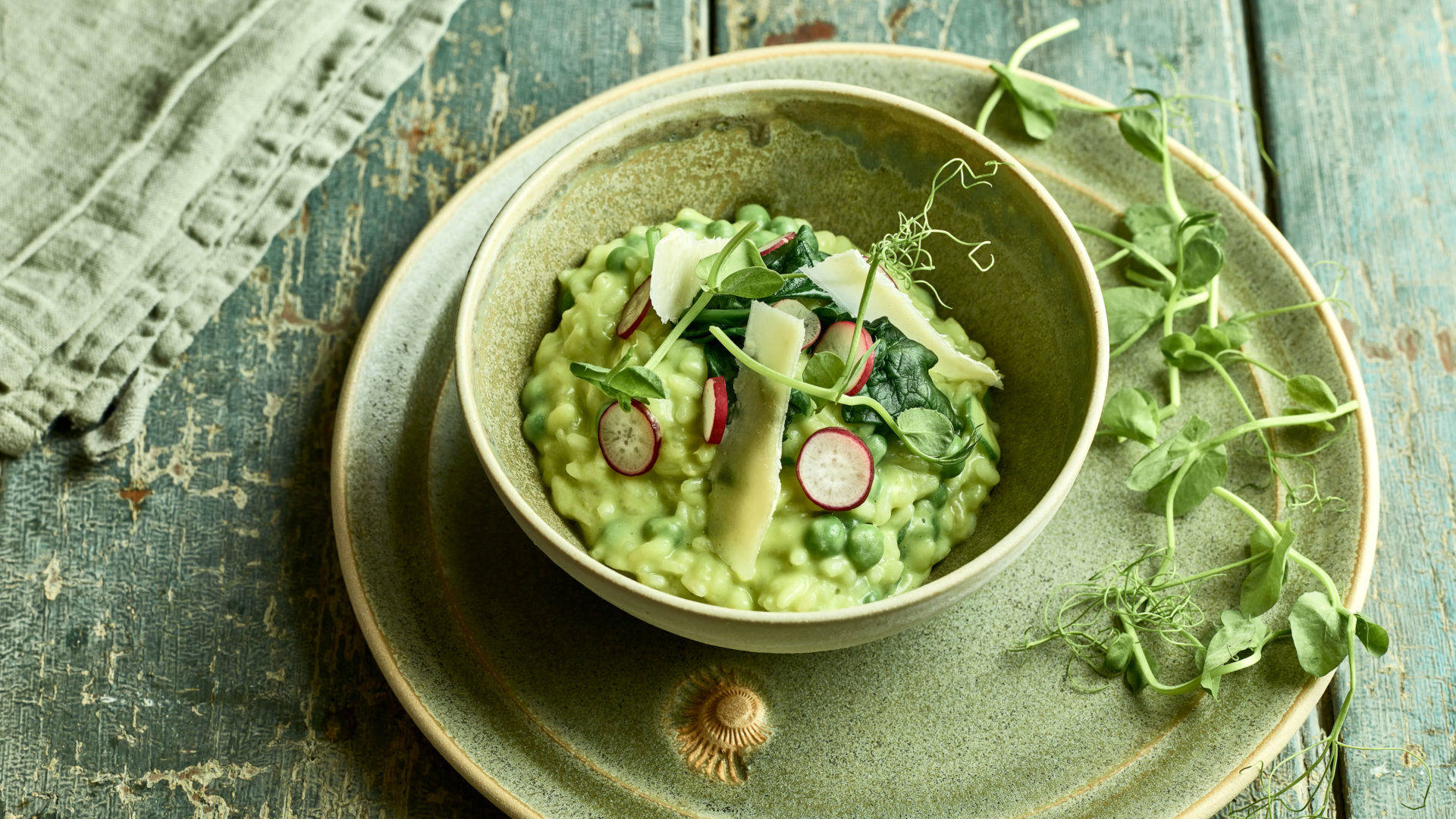 green pea risotto, radish slices, microgreens, Full HD Desktop Wallpaper