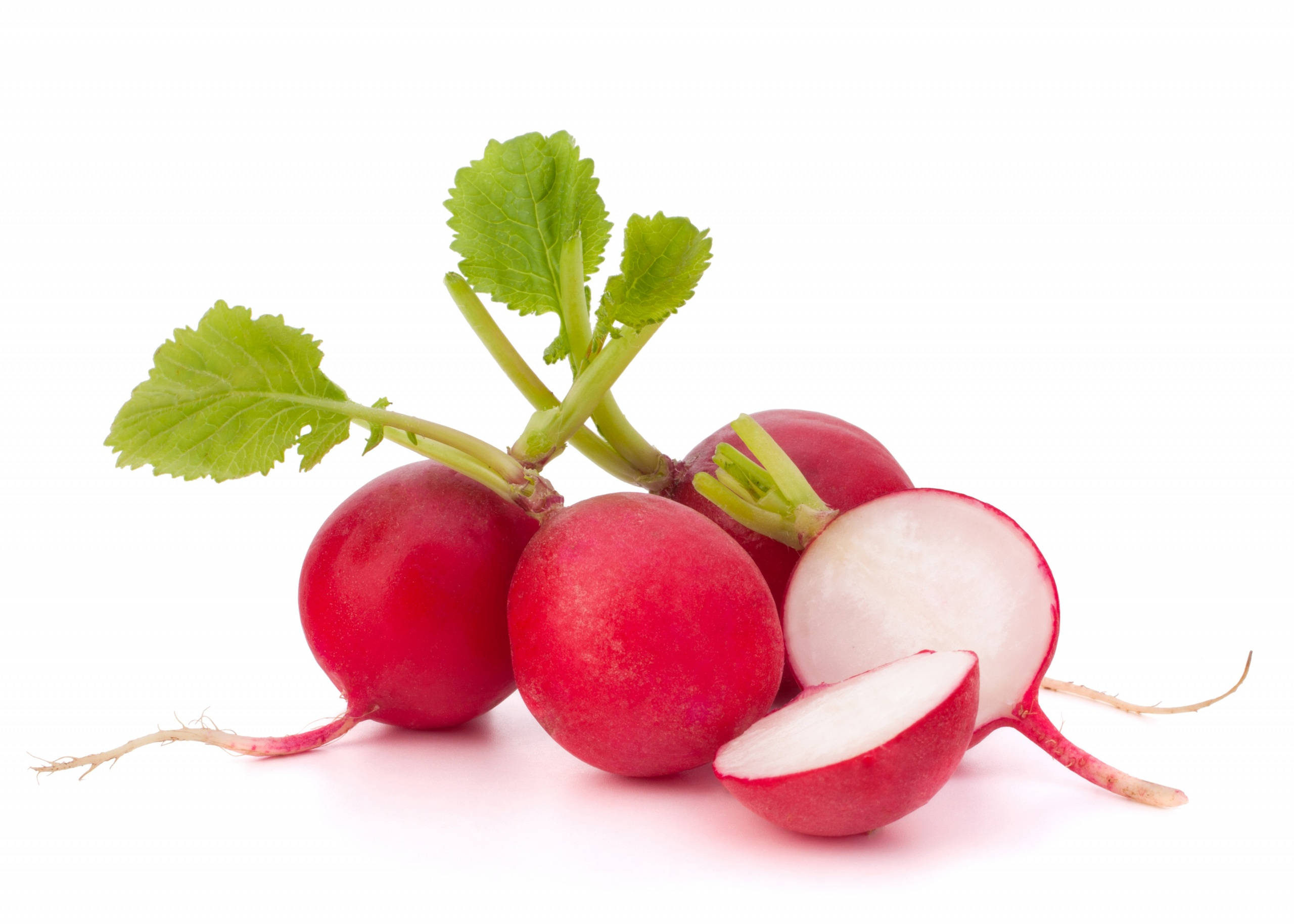 crisp red radish, green leaves, sliced half, 2K Desktop Wallpaper