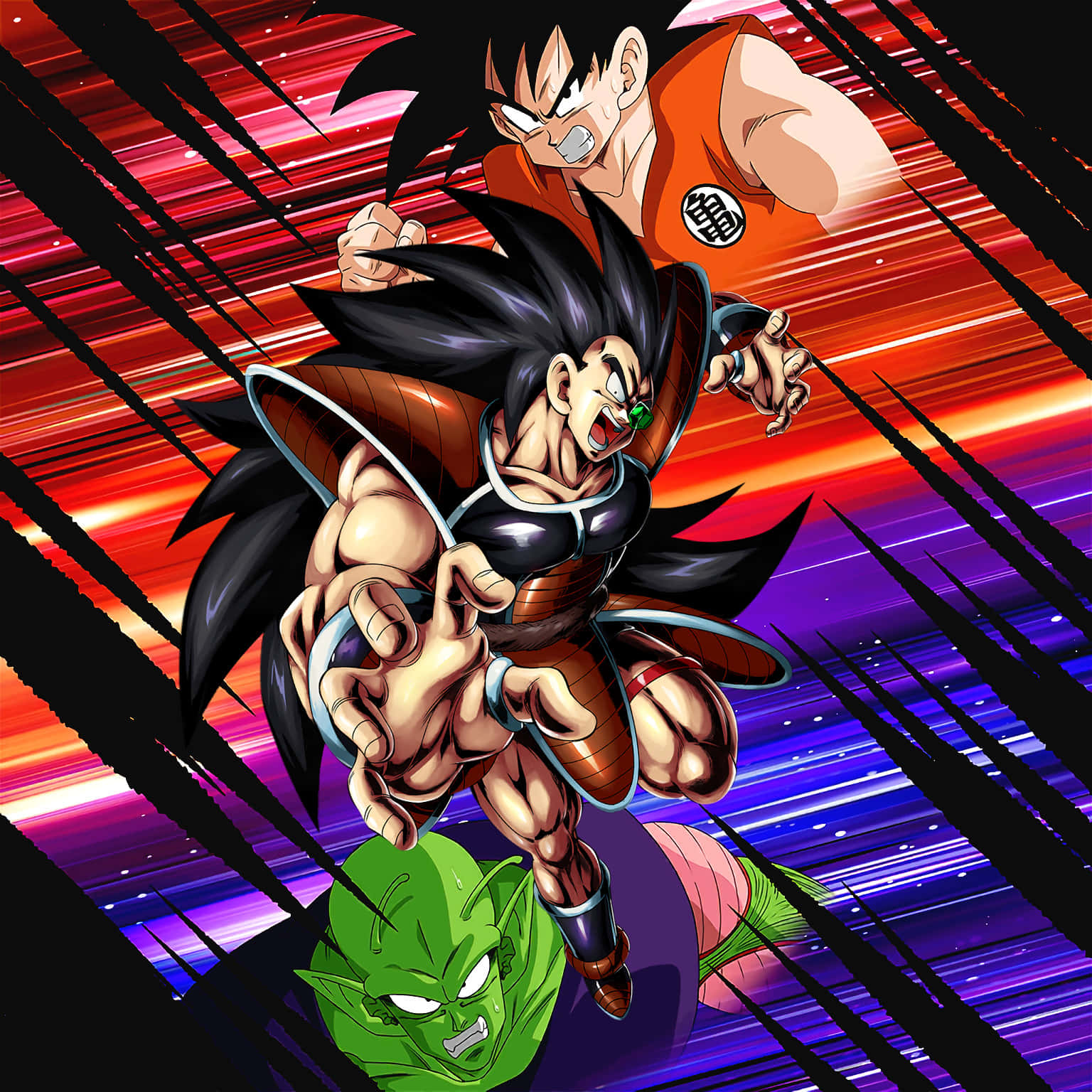 Raditz, green-skinned villain, vibrant red and purple streaked background, HD Desktop Wallpaper