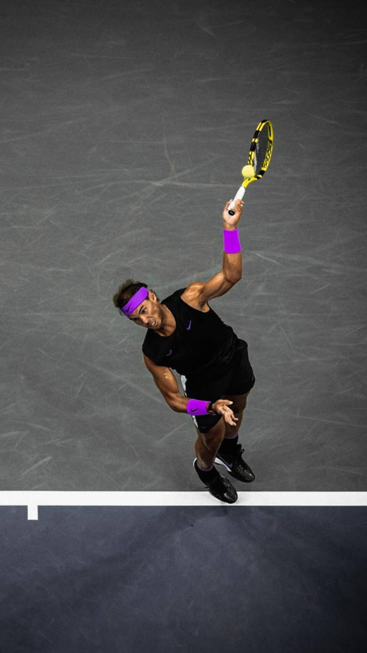 Rafael Nadal, black and purple gear, dark court, Full HD Phone Wallpaper