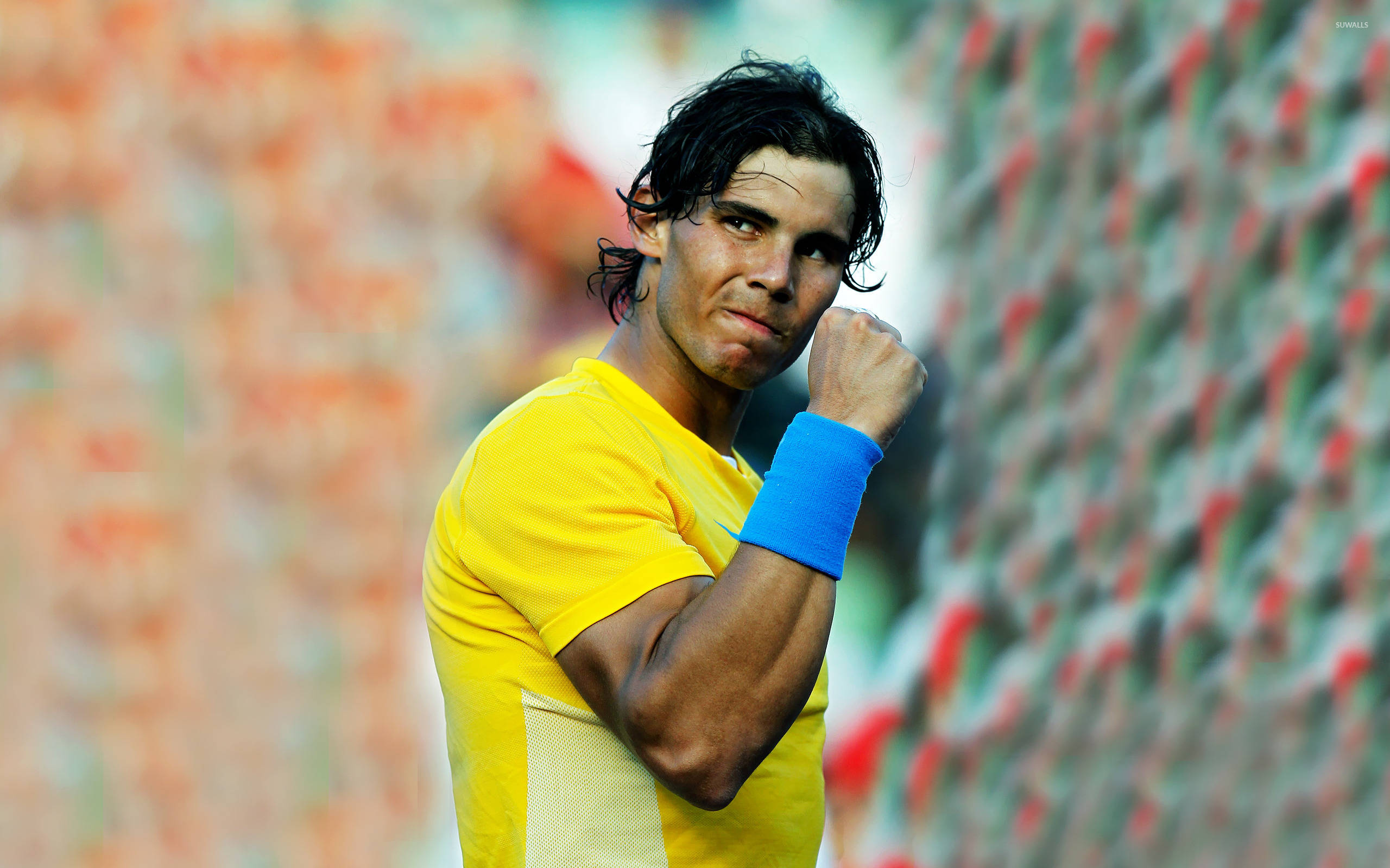 Rafael Nadal, yellow shirt, blue wristband, 2K Desktop Wallpaper