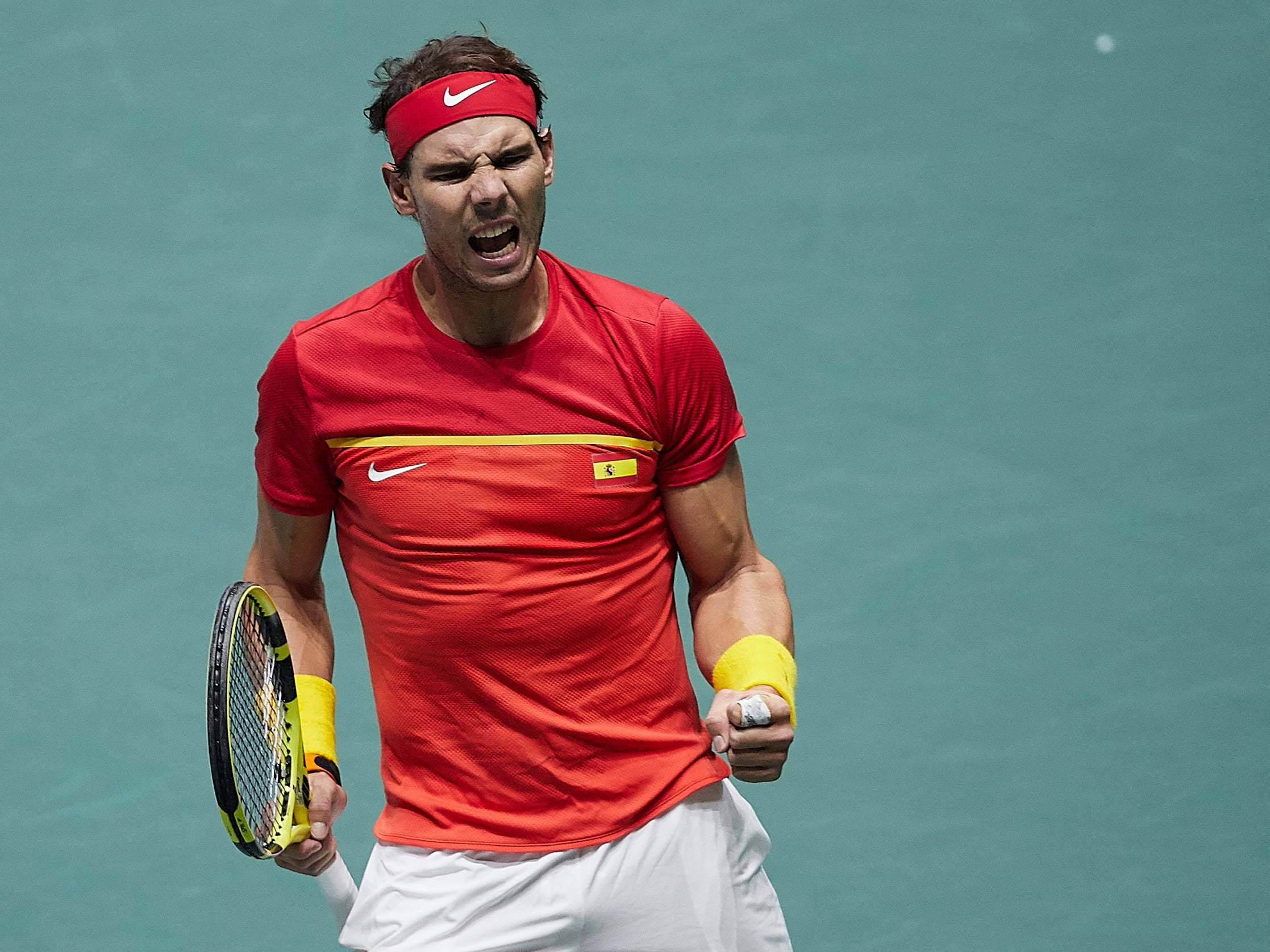 Rafael Nadal, red shirt, headband, Full HD Desktop Wallpaper