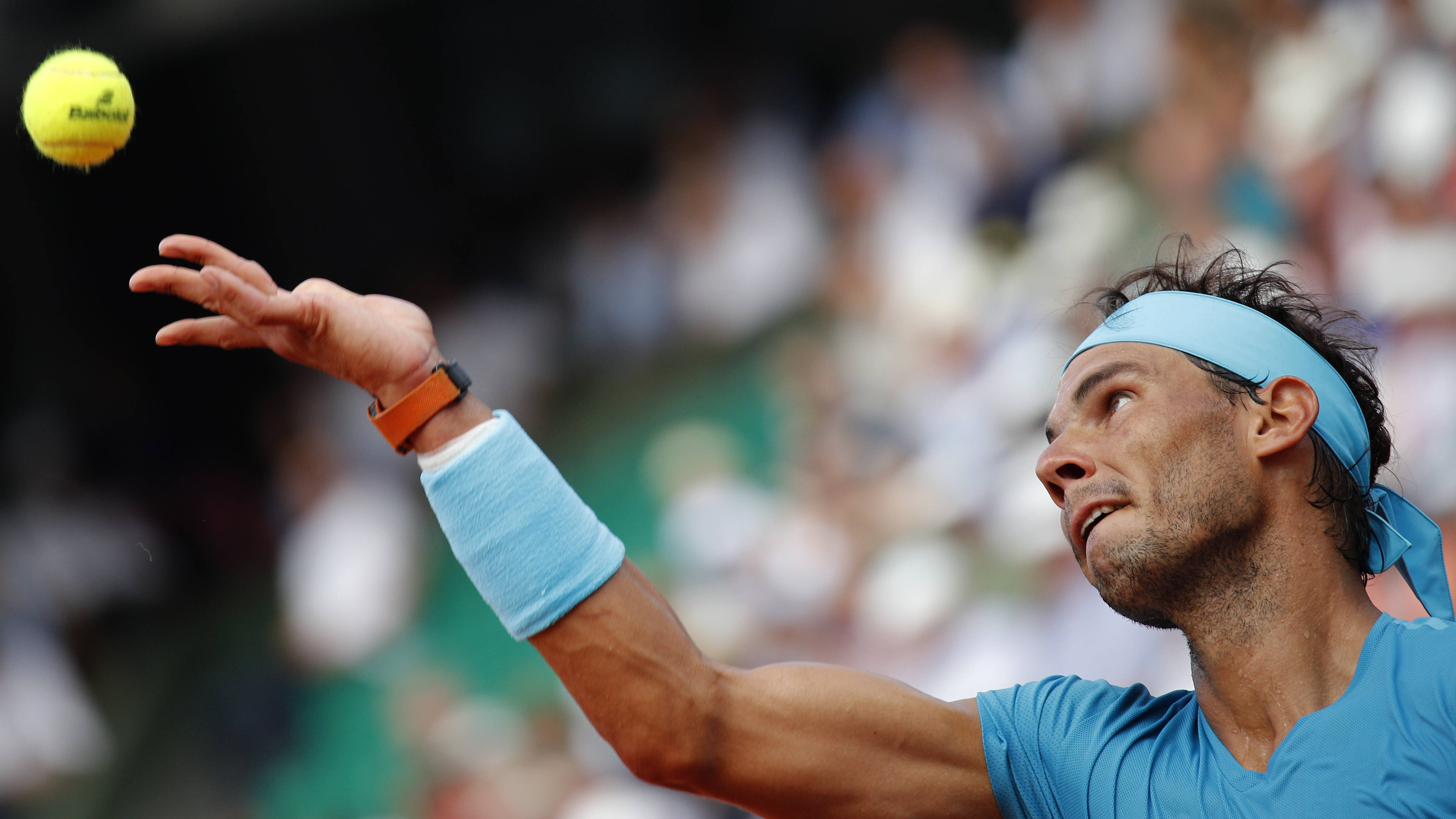 Rafael Nadal, yellow ball, mid-serve, 4K Desktop Wallpaper