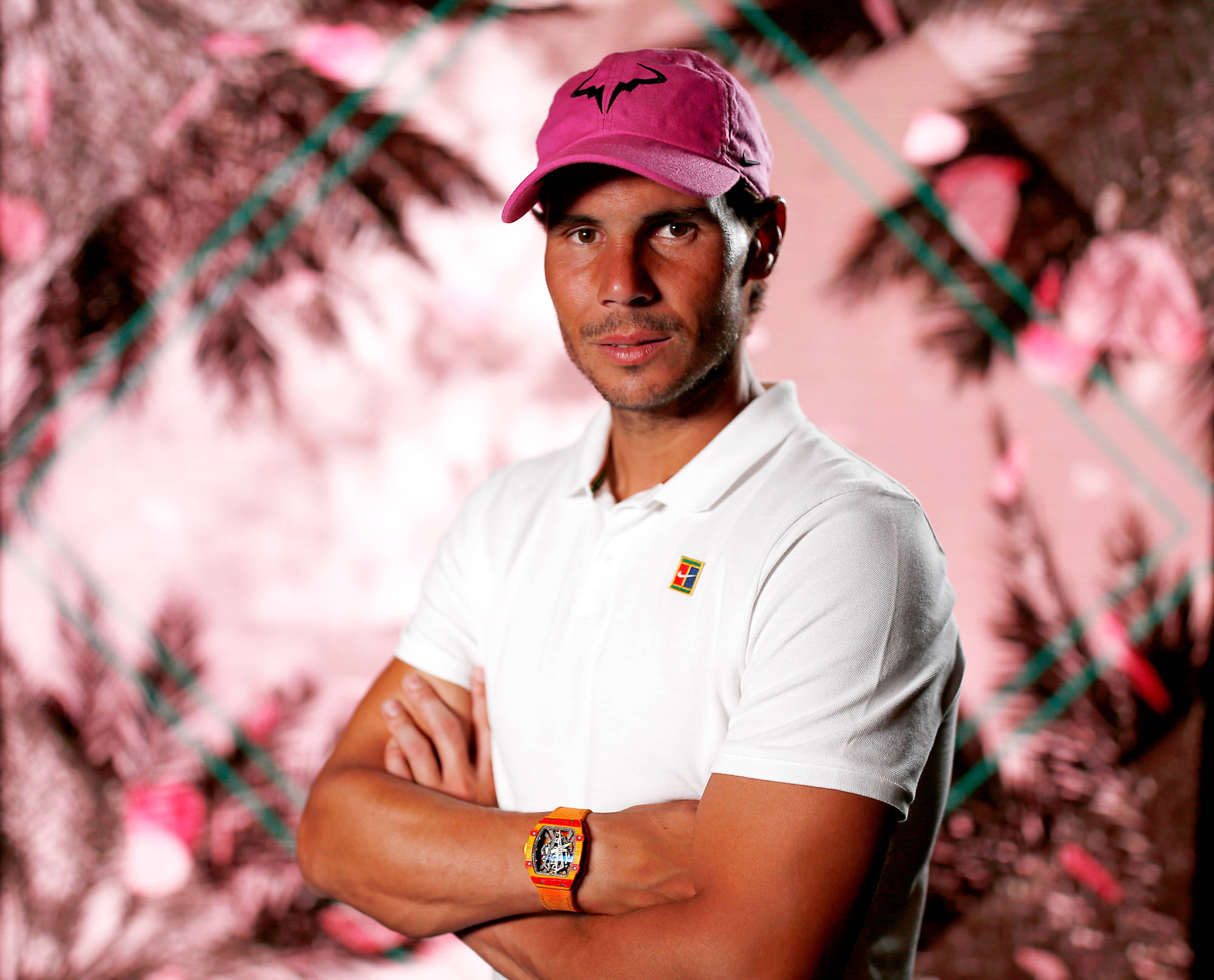 Rafael Nadal, pink cap, white polo shirt, Full HD Desktop Wallpaper