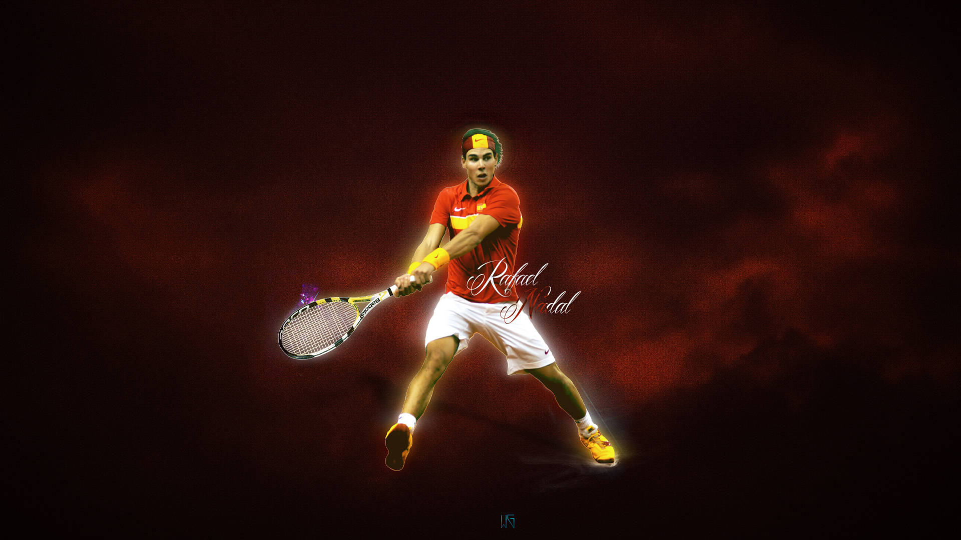 Rafael Nadal, mid-swing, fiery red smoky background, Full HD Desktop Wallpaper