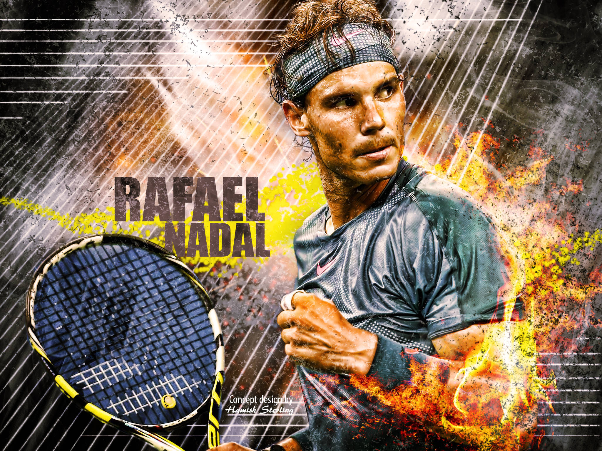 Rafael Nadal, fiery explosion effects, dynamic motion lines, Full HD Desktop Wallpaper