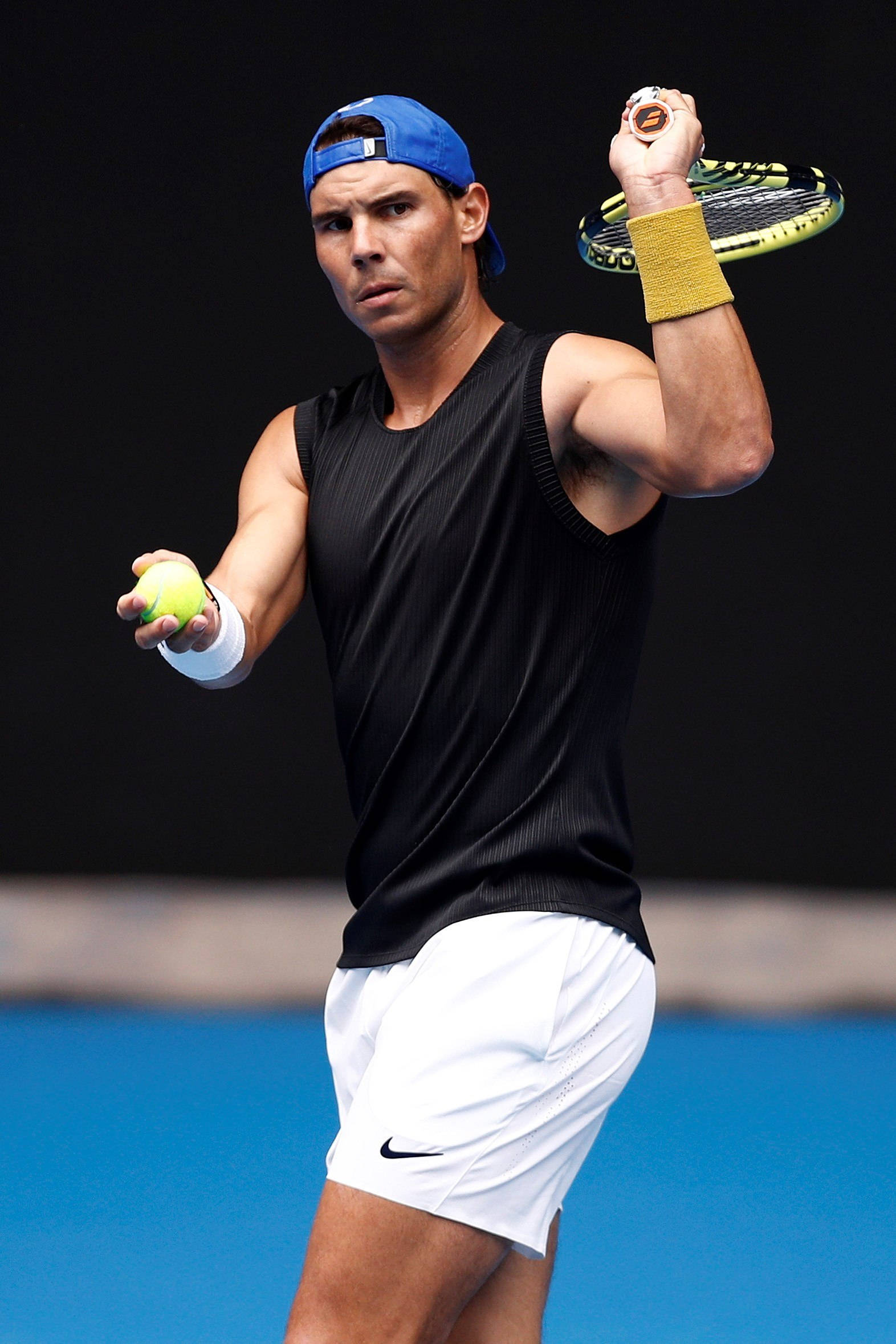 Rafael Nadal, blue court, black sleeveless top, Full HD Phone Wallpaper