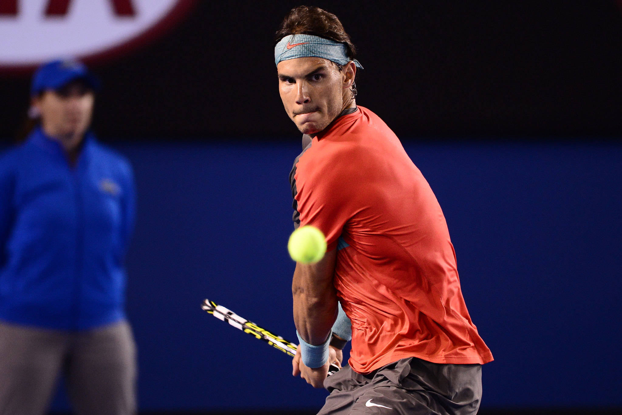 Rafael Nadal, bright yellow ball, night match, Full HD Desktop Wallpaper