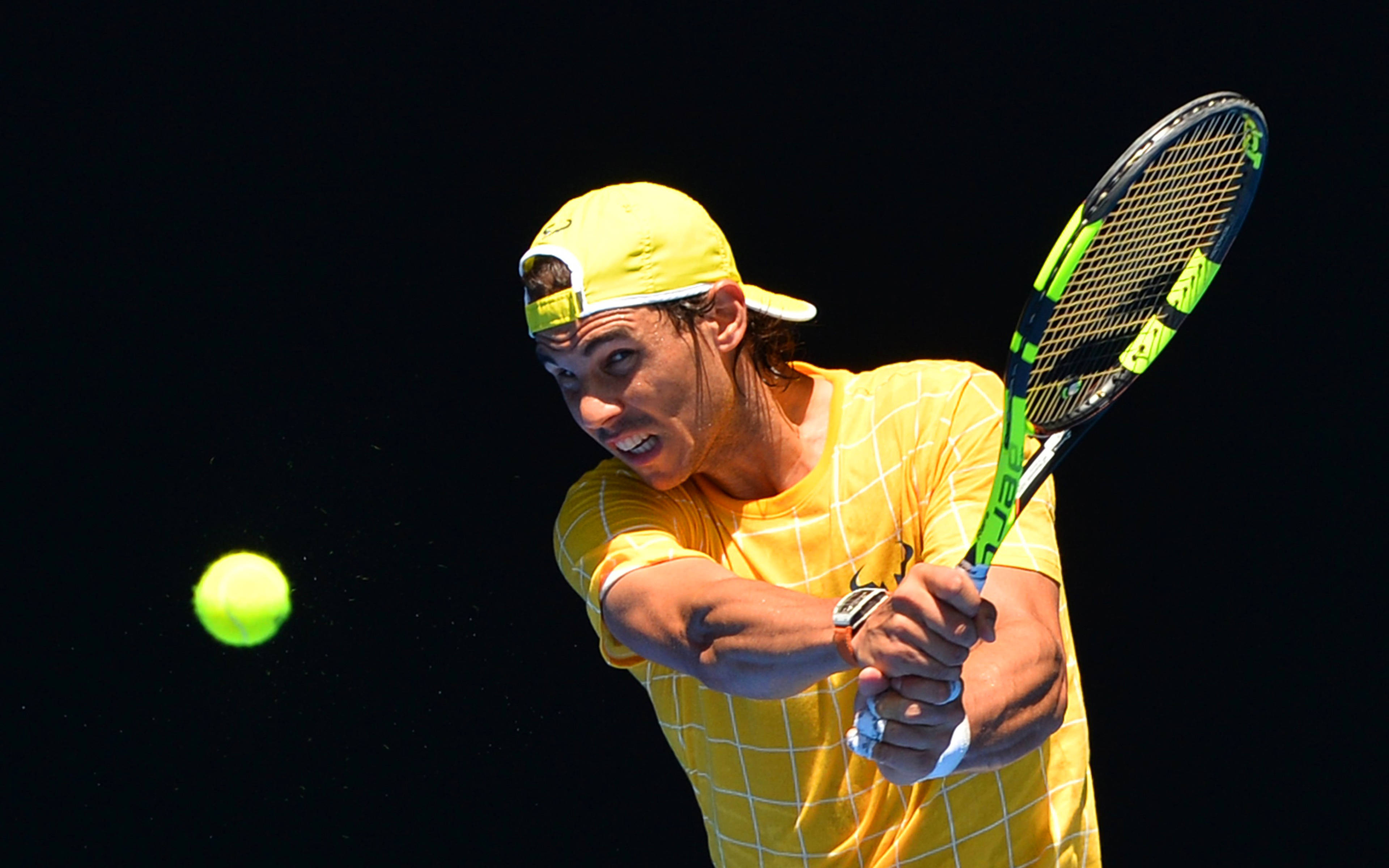 Rafael Nadal, yellow gear, glowing green ball, 4K Desktop Wallpaper