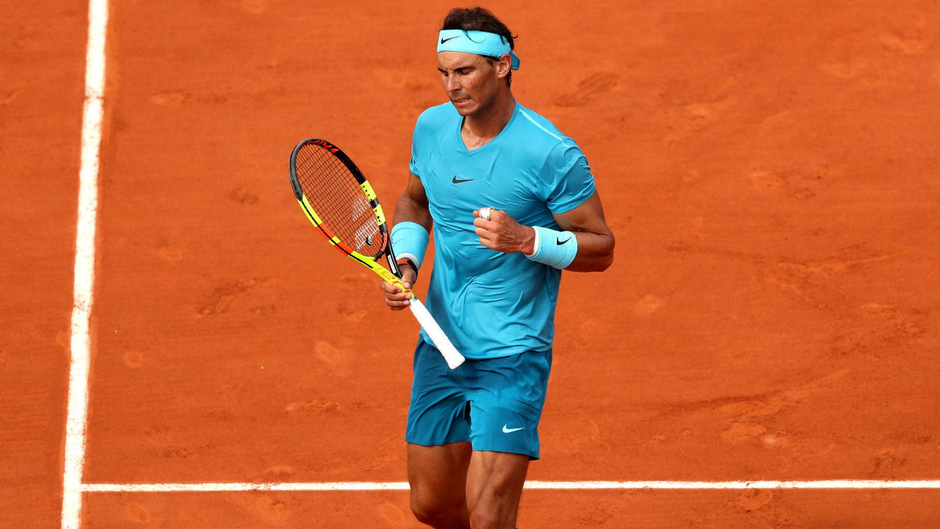 Rafael Nadal, blue gear, vibrant orange clay court, Full HD Desktop Wallpaper