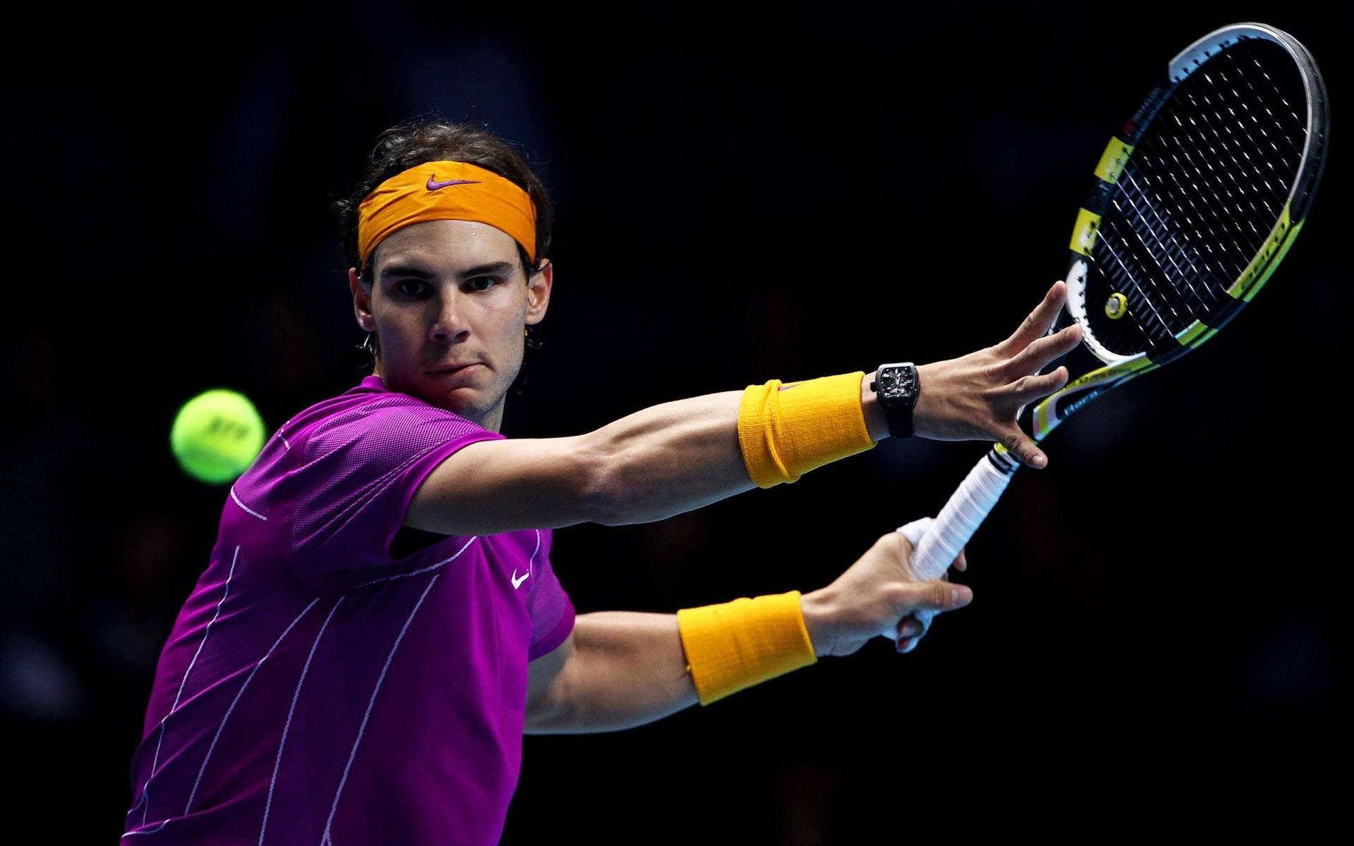Rafael Nadal, purple shirt, orange headband, Full HD Desktop Wallpaper