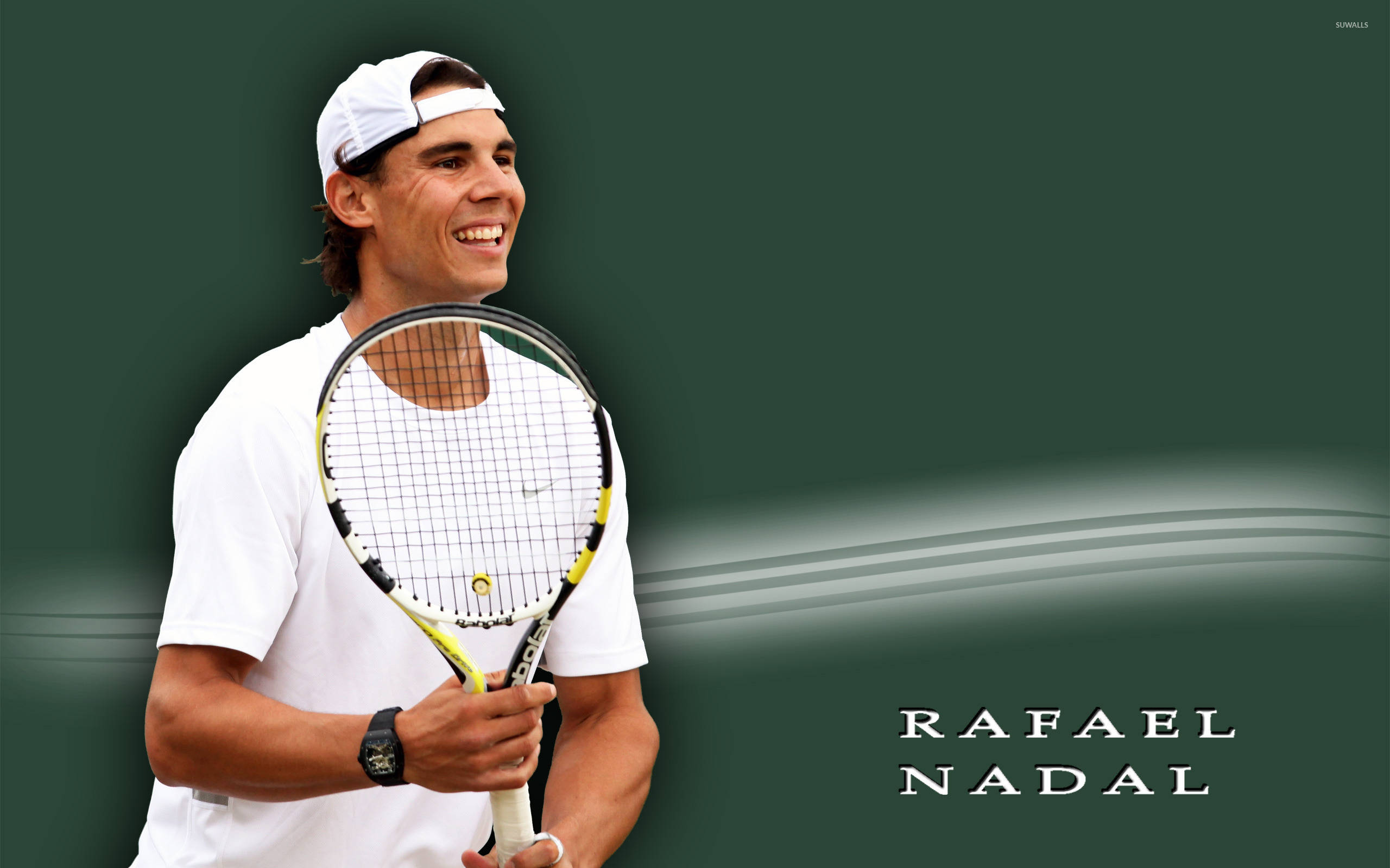 Rafael Nadal, tennis racket, dark green background, 2K Desktop Wallpaper