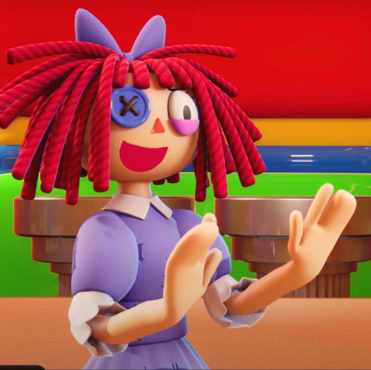 ragdoll character, red rope hair, blue button eye, SD Desktop Wallpaper