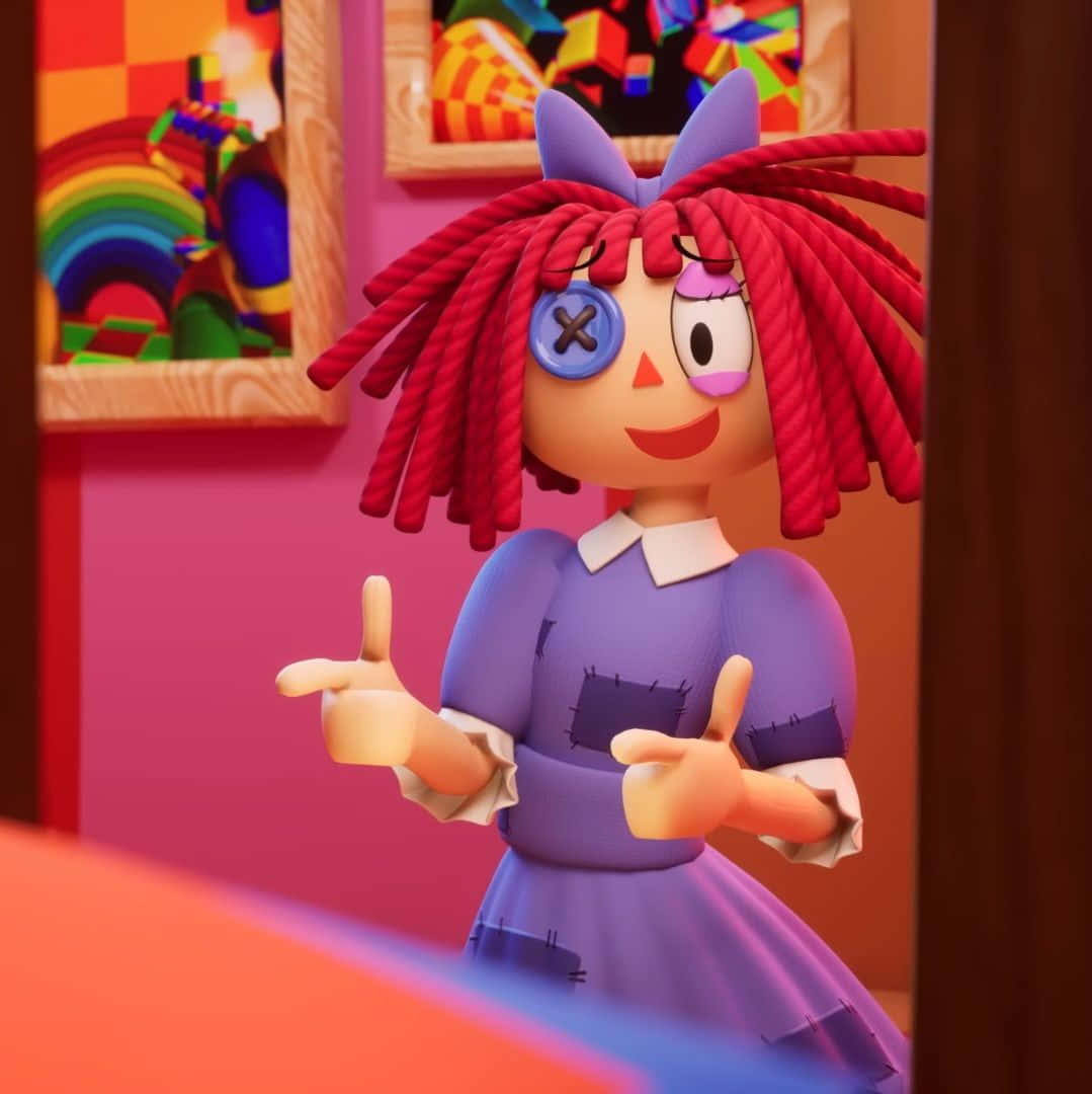 ragdoll girl, red yarn hair, blue button eye, SD Phone Wallpaper