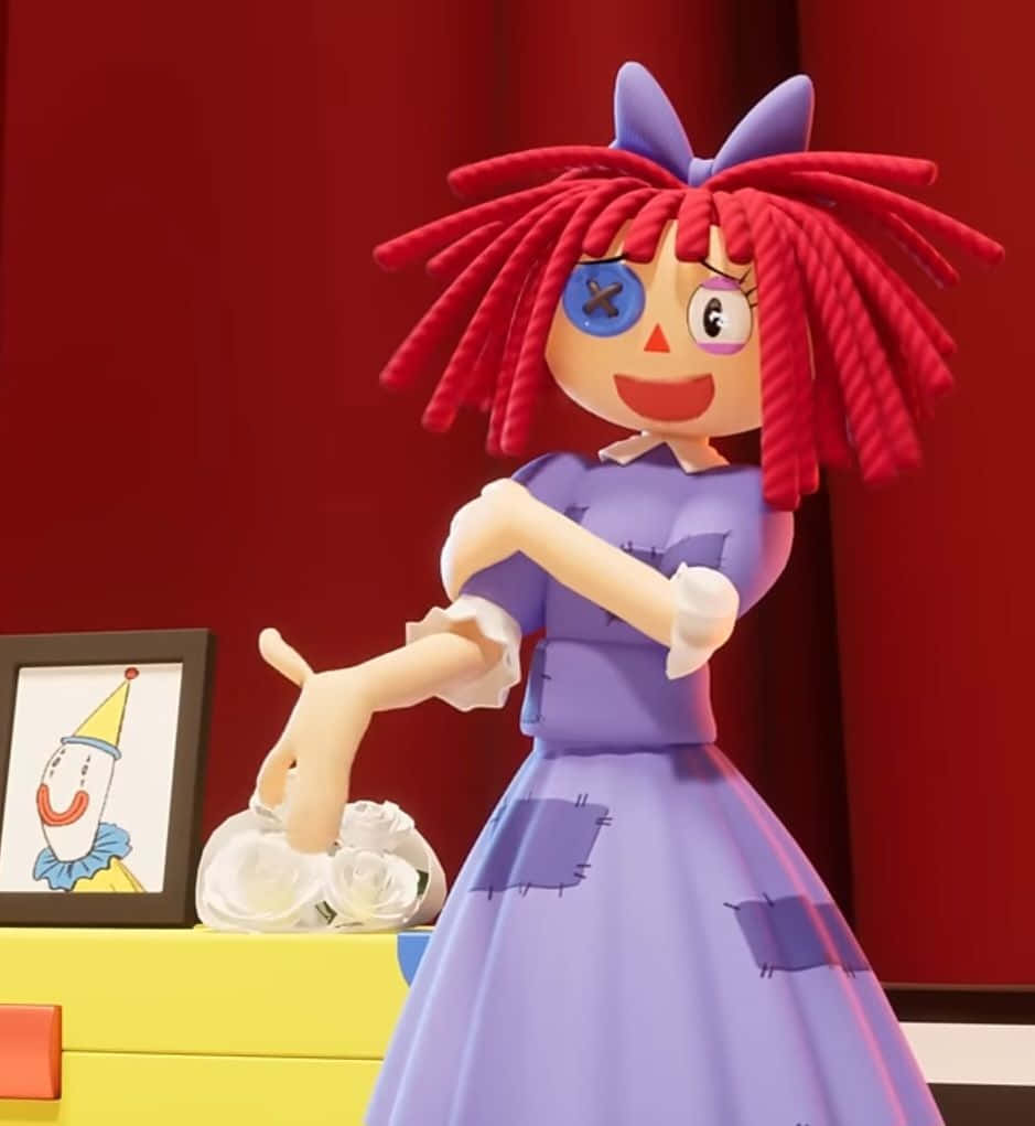 rag doll character, red yarn hair, blue bow, SD Phone Wallpaper