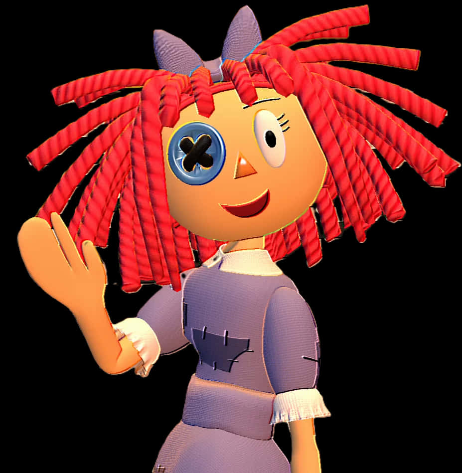 ragdoll character, red yarn hair, blue button eye, SD Phone Wallpaper