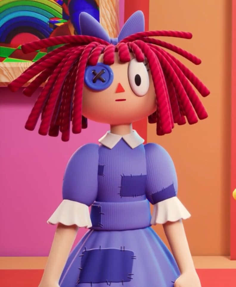 colorful animated rag doll character, red rope dreadlocks, blue patch over one eye, SD Phone Wallpaper