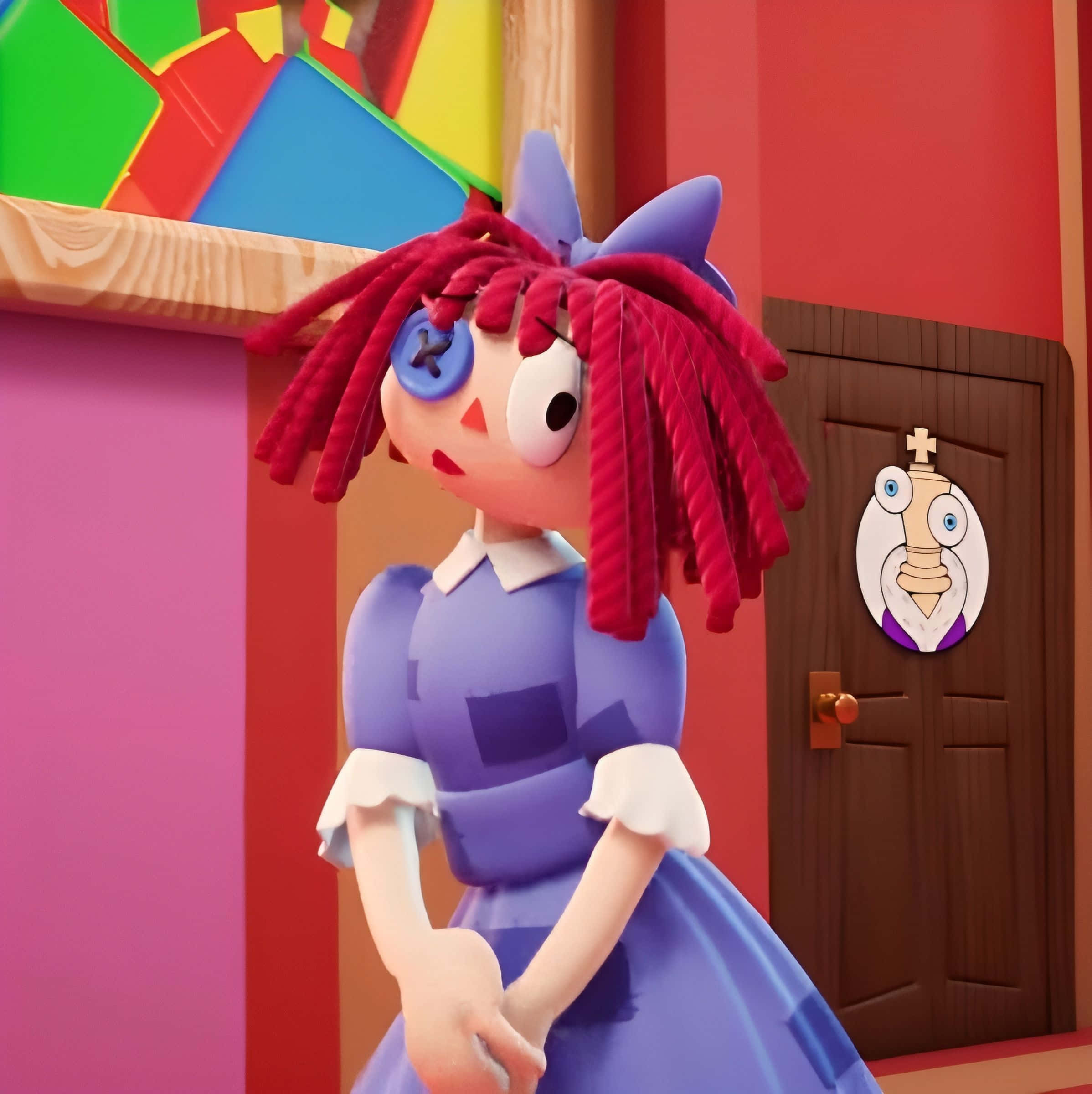 colorful claymation character, raggedy doll, red yarn hair, Full HD Phone Wallpaper