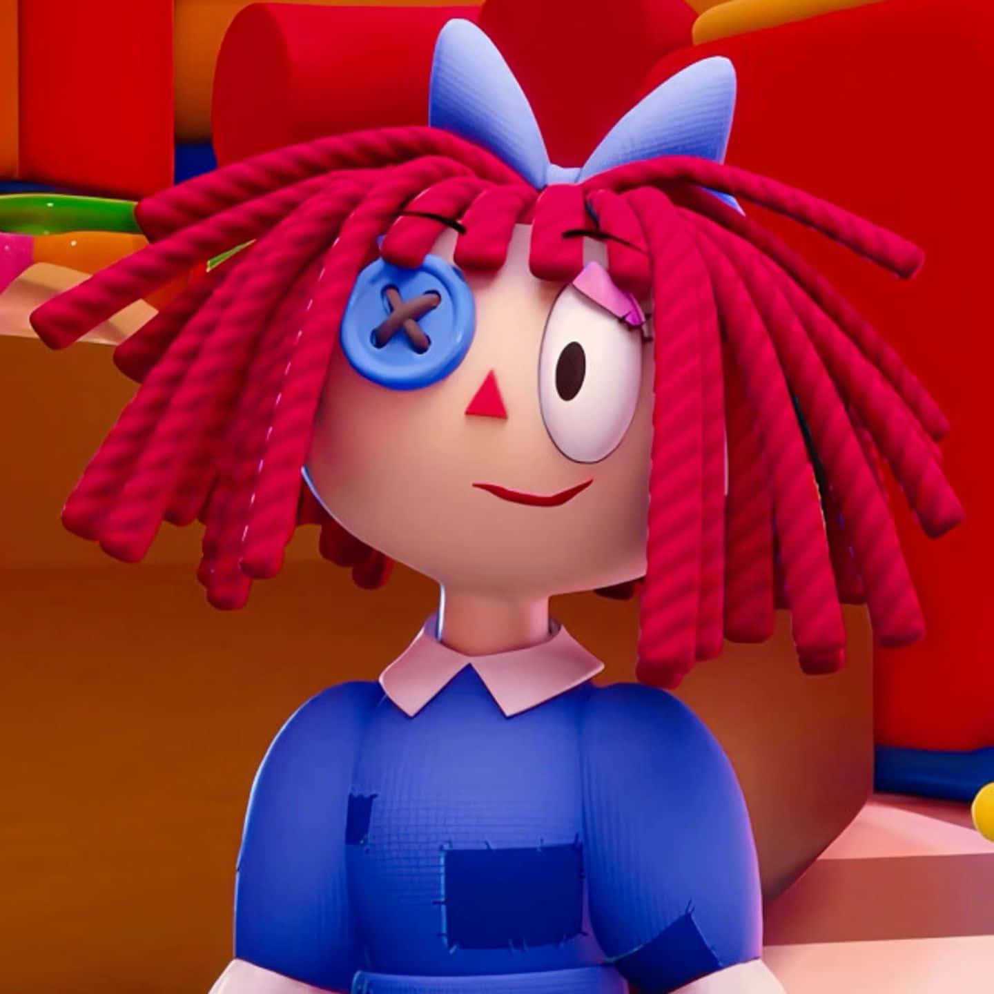 ragdoll character, red rope hair, blue button eye, HD Desktop Wallpaper