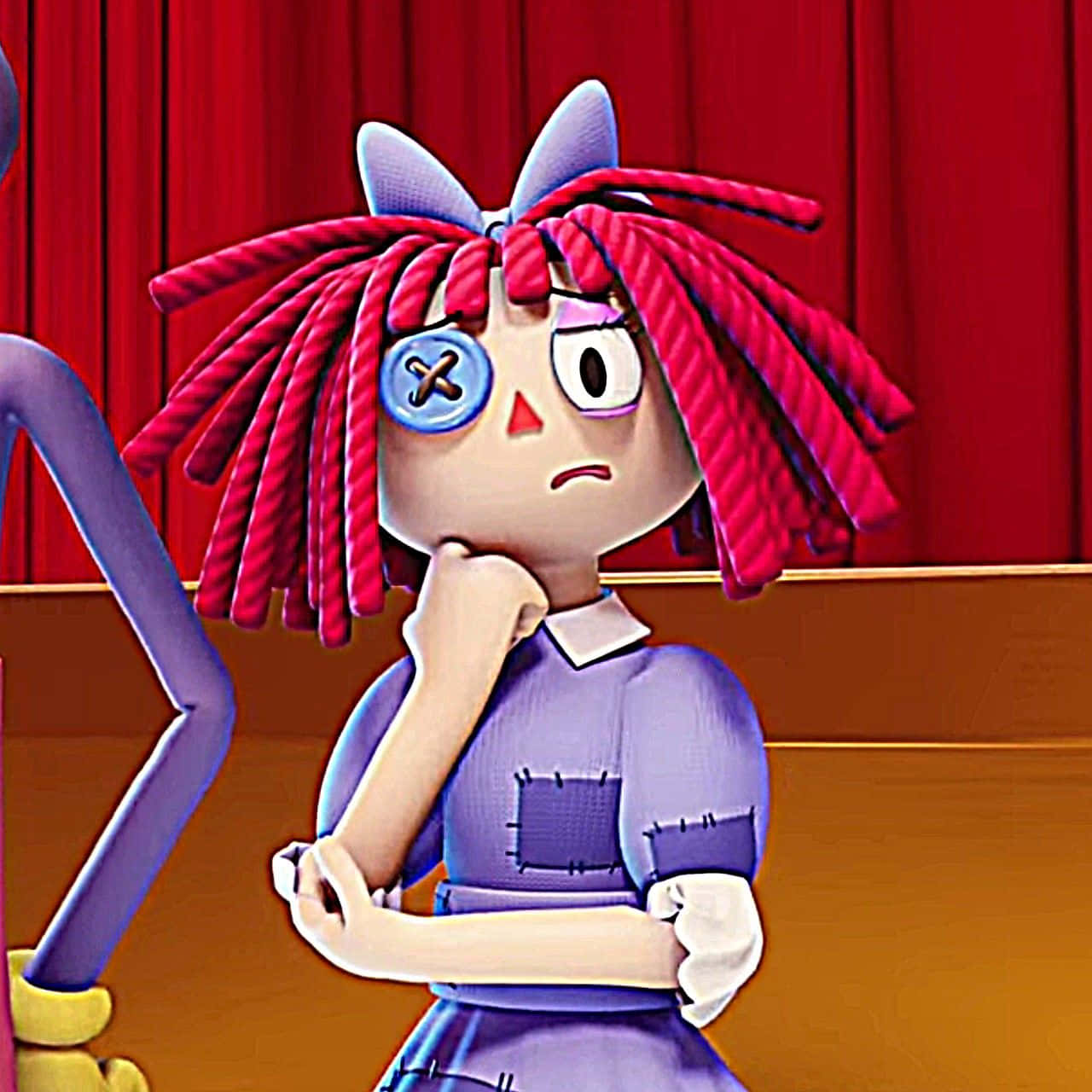 rag doll girl, red yarn hair, blue button eye, HD Desktop Wallpaper
