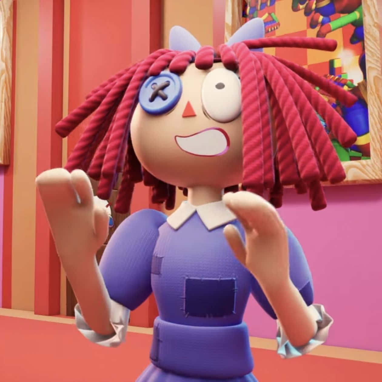 button eyes, pink hair, red rope hair, SD Desktop Wallpaper