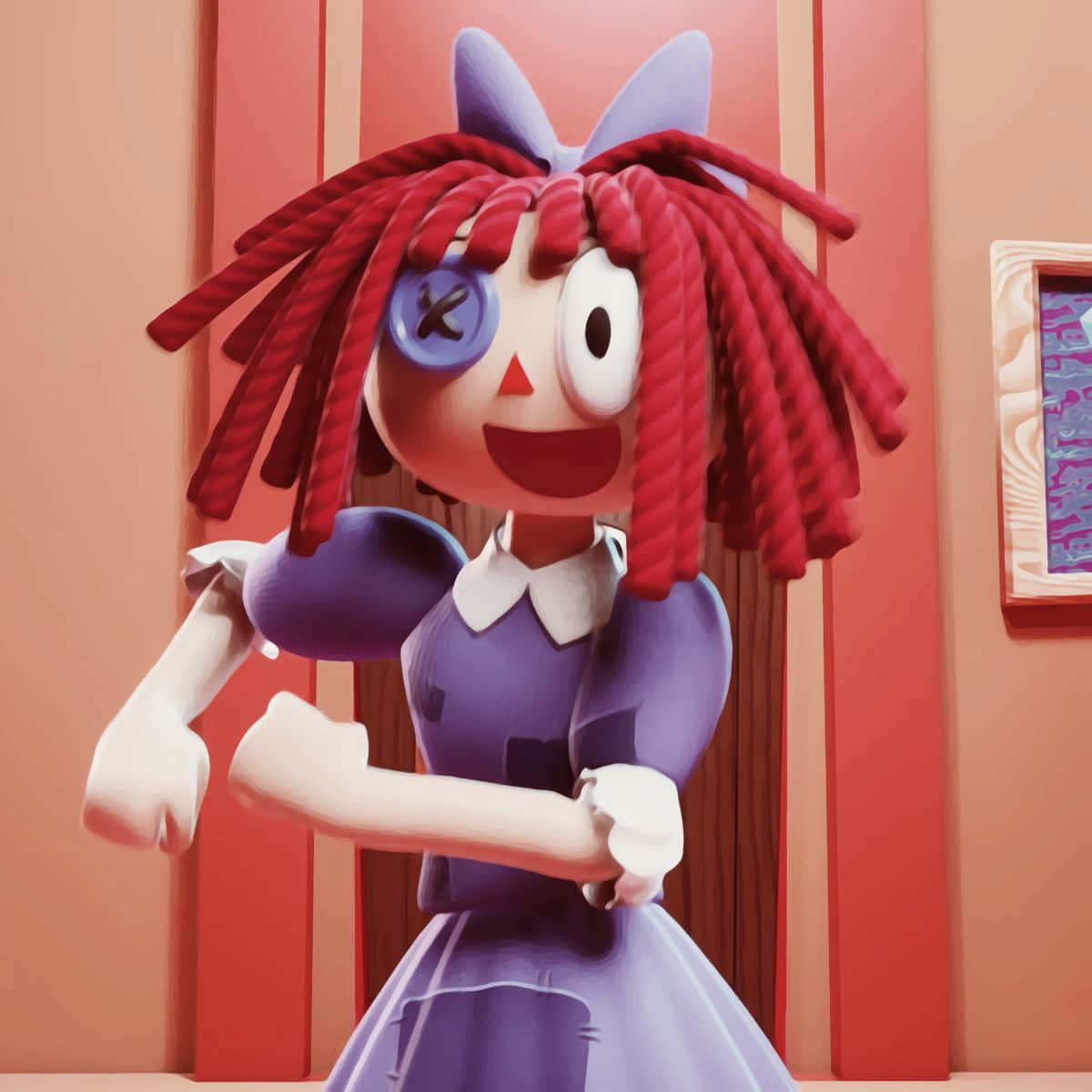 animated ragdoll girl, red rope hair, purple dress, SD Desktop Wallpaper