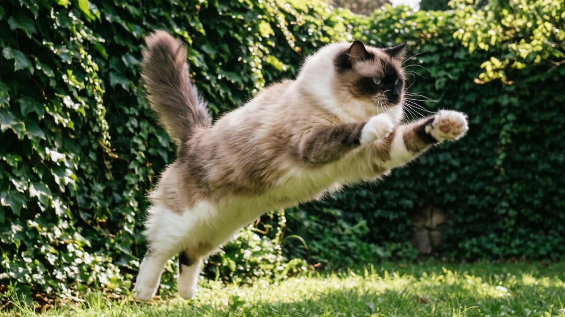 Ragdoll, mid-air leap, lush garden, Full HD Desktop Wallpaper