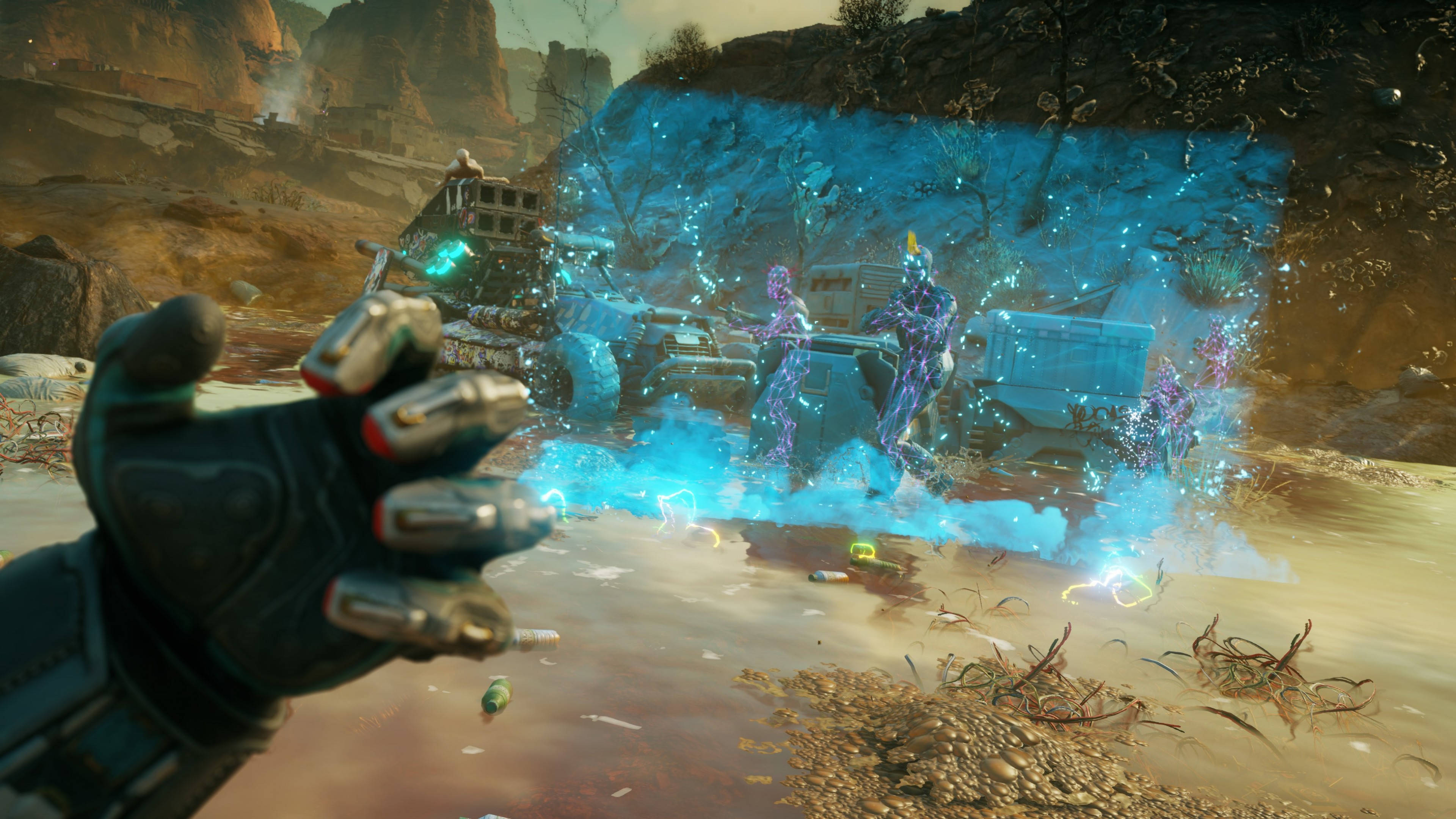 Rage, holographic scene, glowing blue energy field, 4K Desktop Wallpaper