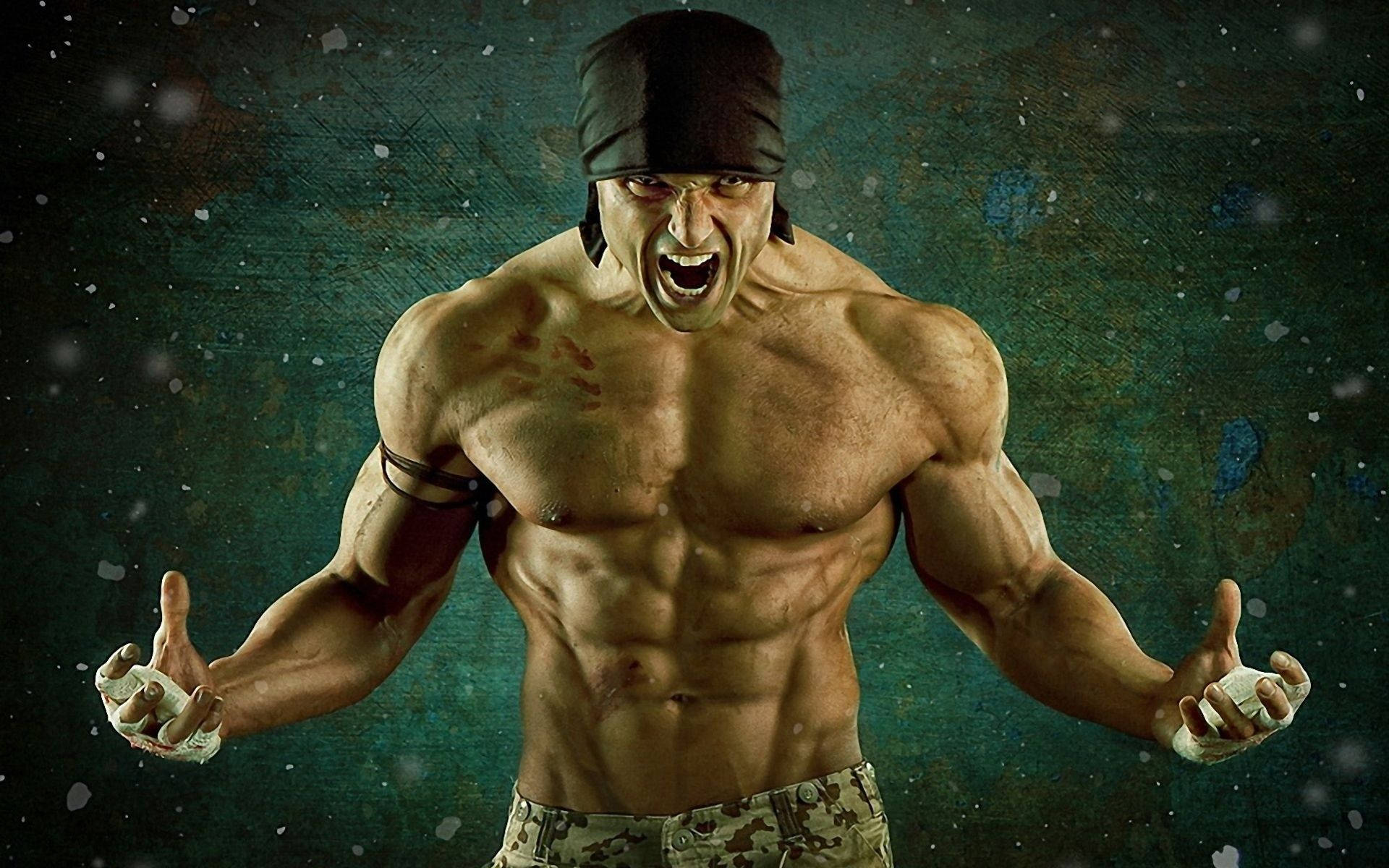 Rage, muscle man, black headband, Full HD Desktop Wallpaper