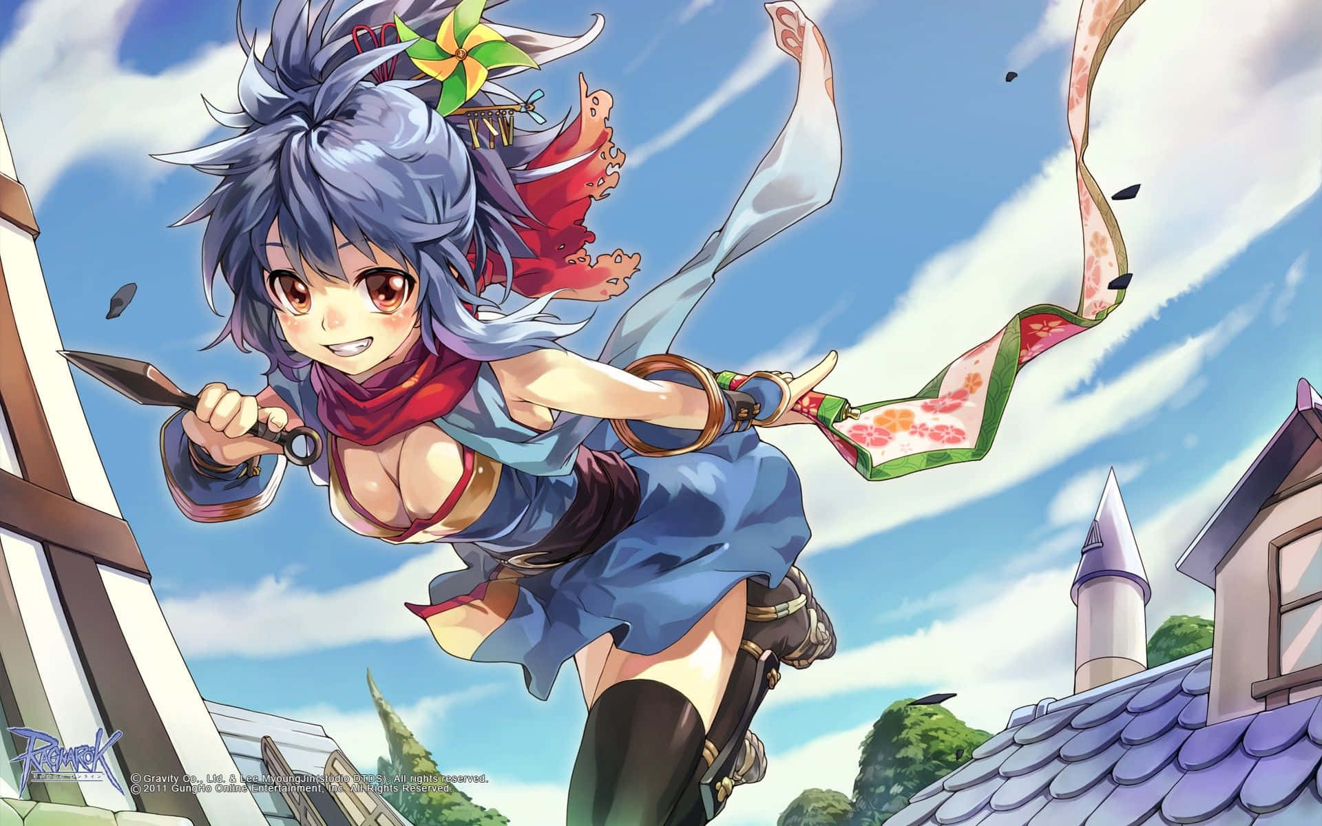 Ragnarok Online, anime girl, spiky blue hair, Full HD Desktop Wallpaper