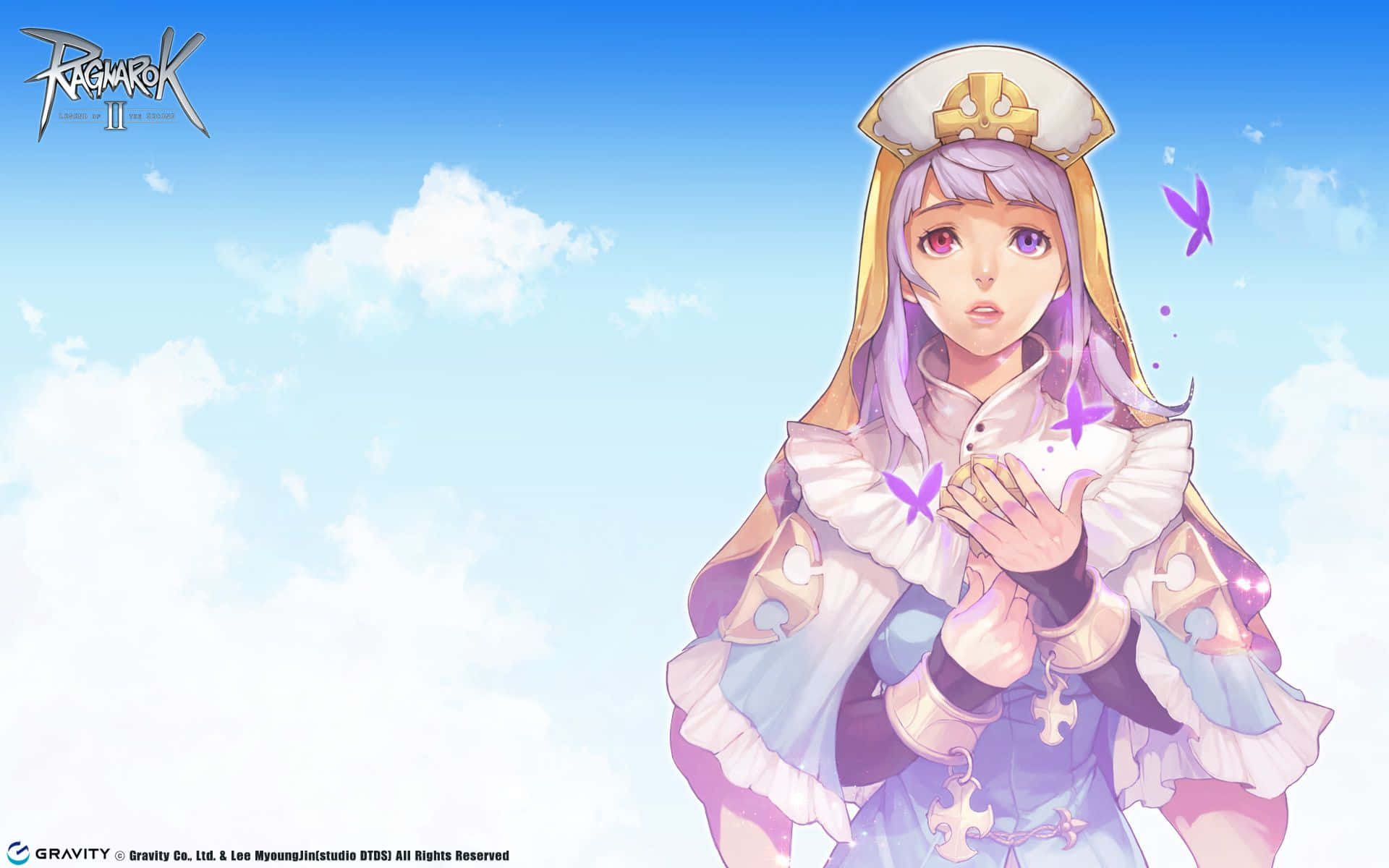 Ragnarok Online, purple-haired anime girl, white and gold outfit, Full HD Desktop Wallpaper
