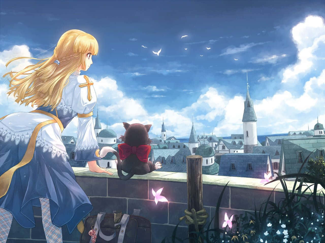 Ragnarok Online, blonde anime girl, cat with a red bow, HD Desktop Wallpaper
