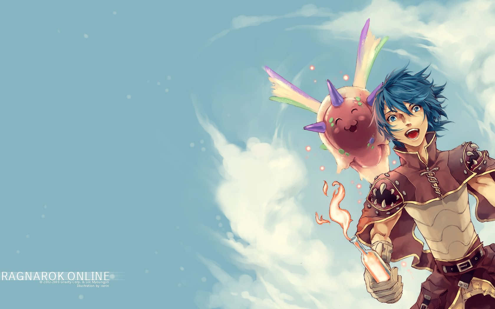 Ragnarok Online, blue-haired anime warrior, glowing potion, HD Desktop Wallpaper