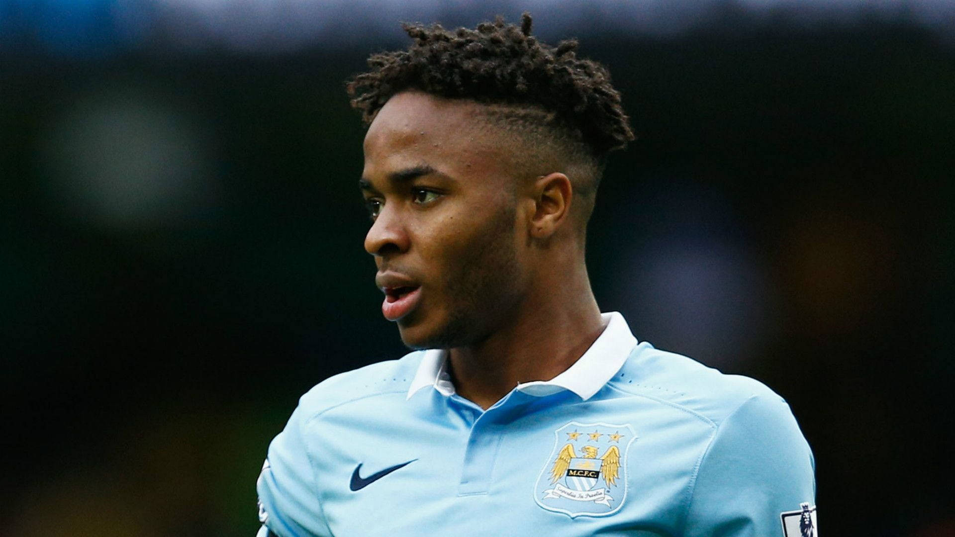 Raheem Sterling, light blue Manchester City jersey, stadium background, Full HD Desktop Wallpaper
