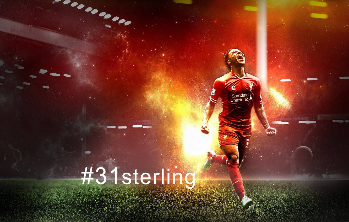 Raheem Sterling, red jersey, stadium pitch, HD Desktop Wallpaper